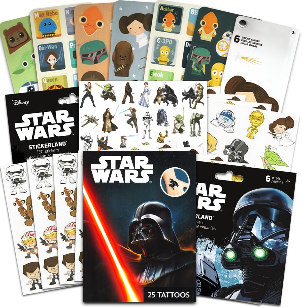 Disney Studios Star Wars Sticker Set - Bundle of 3 Sticker Packs - Includes 18 Sheets, Star Wars Tattoos -Darth Vader, Storm troopers, Chewbacca | 300 Stickers