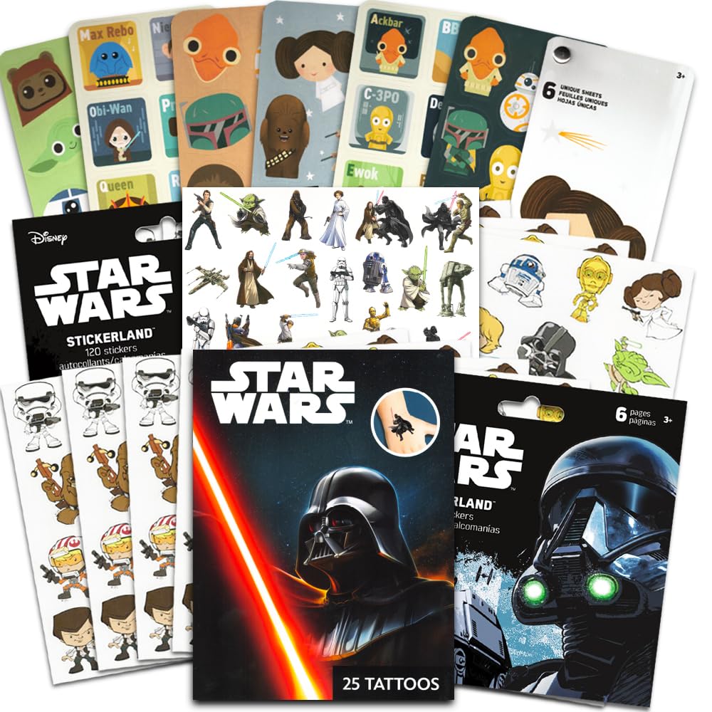 Disney Studios Star Wars Sticker Set - Bundle of 3 Sticker Packs - Includes 18 Sheets, Star Wars Tattoos -Darth Vader, Storm troopers, Chewbacca | 300 Stickers