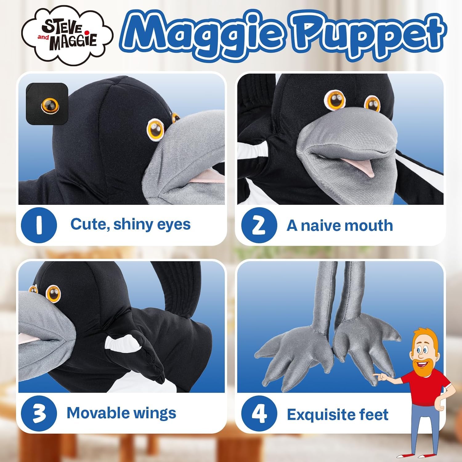 Steve and Maggie Plush Toy – Maggie Magpie Handpuppet for Kids 1+, Soft Bird Puppet for Pretend Play, Nursery Rhymes & Learning, Interactive Toddler Toy for Bedtime Stories and Social Skills (Grande)