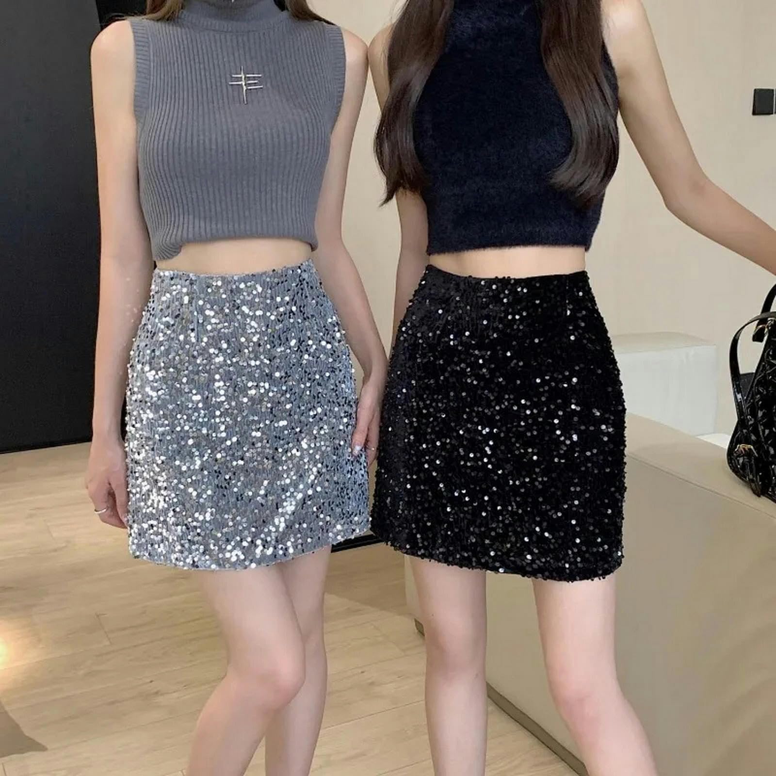 Gonna Gonna di Paillettes Nera Women Women Fashion High Wiist Slim A-Line Gonna Corta con Gonna da Festa Paillettes