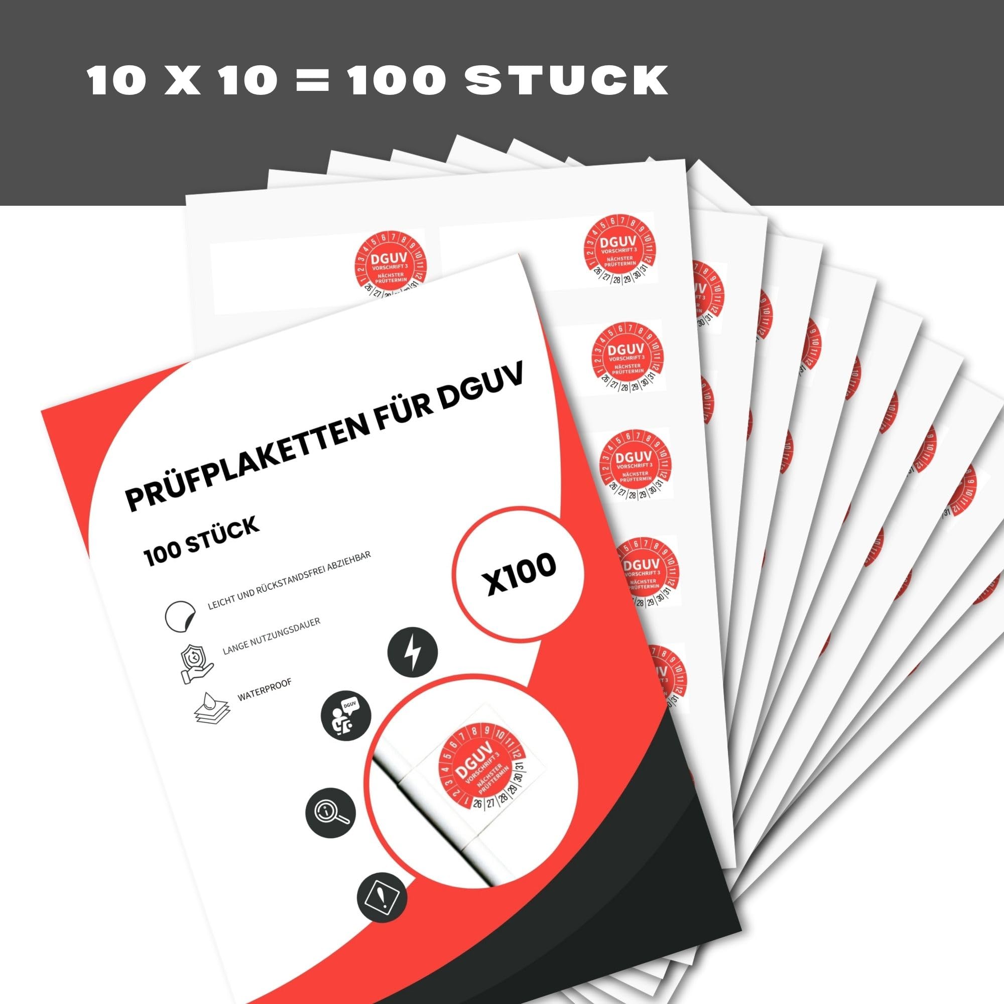 DGUV v3 Prüfplaketten - 100 Stück uvv prüfplaketten 2026-2031 - prüfplaketten 30mm - 10 Blatt - Prüfaufkleber - Nächster Prüftermin - Zwei Farben - Gelb oder Rot (Rot)