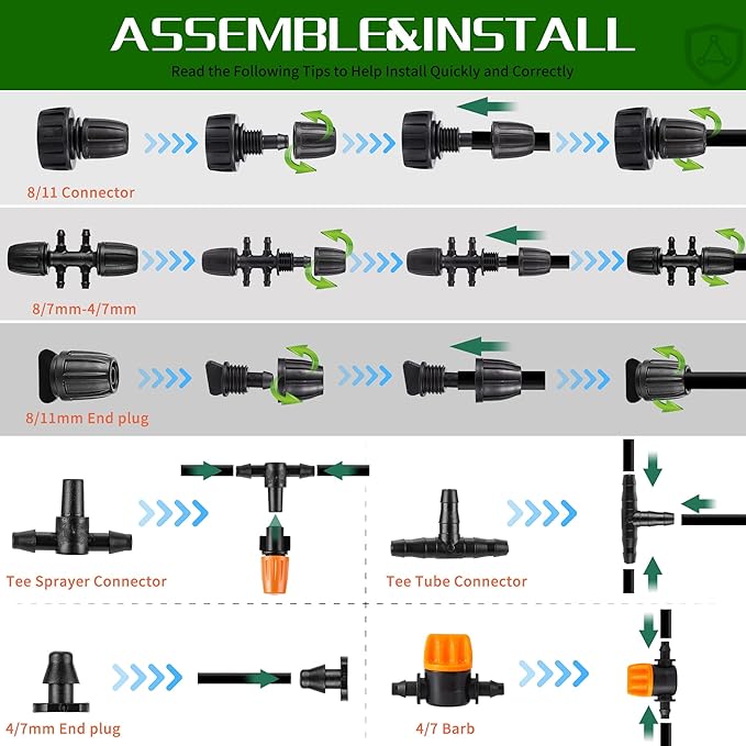 The 164FT 190 Pcs Drip Irrigation Kit is a complete system designed to provide automatic watering for your garden, greenhouse, flower bed, patio, or lawn. The kit includes 164 feet of 1/4" and 1/2" blank distribution tubing, along with 190 assorted irrigation drippers, tees, connectors, and stakes.