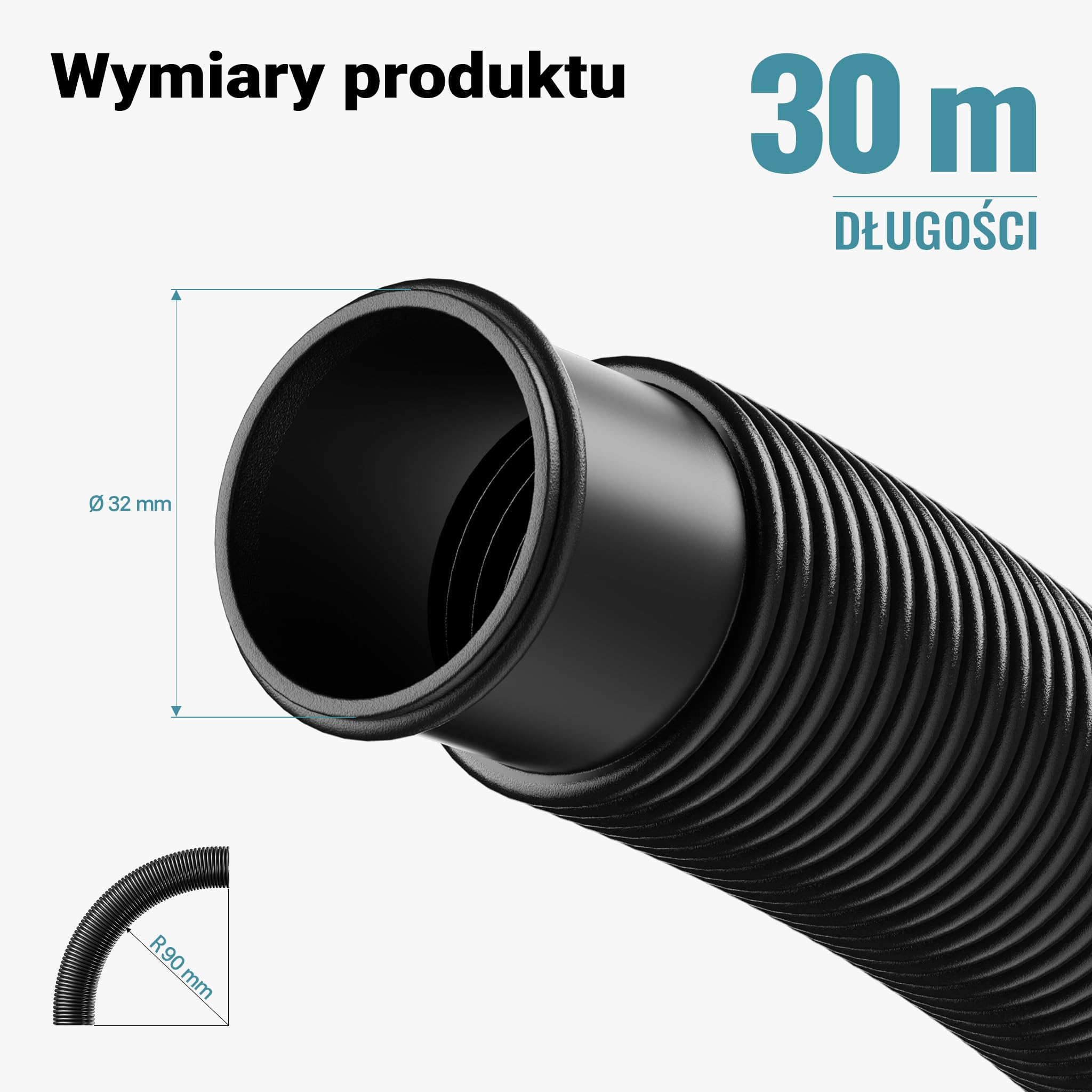 Wiltec Wąż do basenu o długości 30 m, Ø 32 mm czarny wąż ssący do pompy basenowej z mufami, wąż solarny - Made in EU