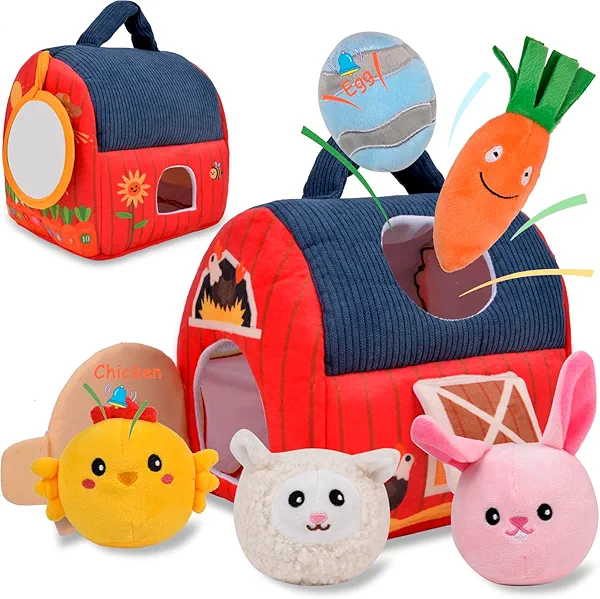 QZUnique Stuffed Farm Animals Toys for Baby - 6 Pcs Montessori Toy for Babies 6-12 Months, Barn Sensory Gifts for Toddlers 1-3, Plush Chicken Sheep Bunny Egg Carrot for Newborn Infant