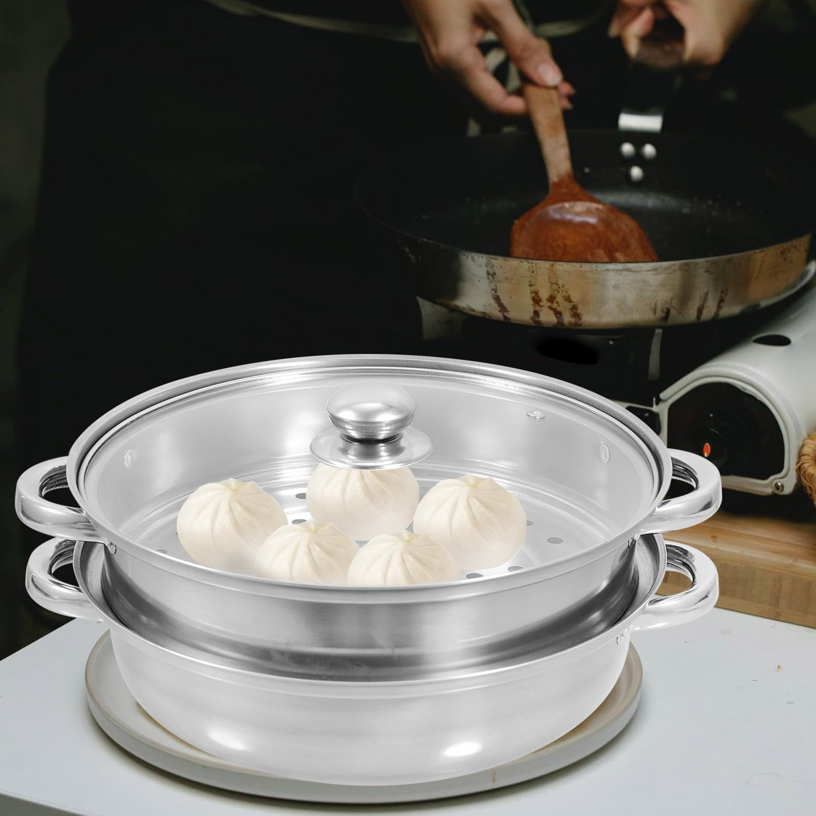 PRETYZOOM 1 juego de ollas de vapor de ánfora con tapa, utensilios de cocina ricos para cocinar al vapor, olla de vapor de 2 niveles, suministros de cocina, olla de vapor de acero inoxidable, vidrio