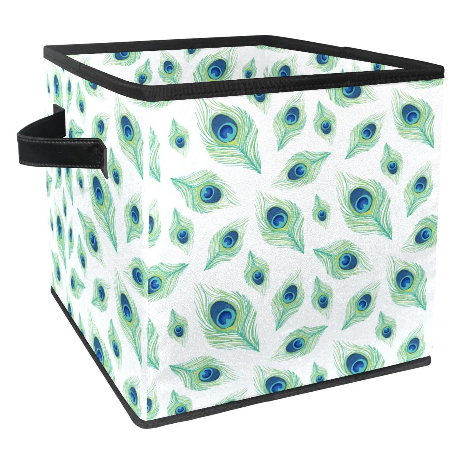 Boîte de rangement pliable motif plume de paon en tissu