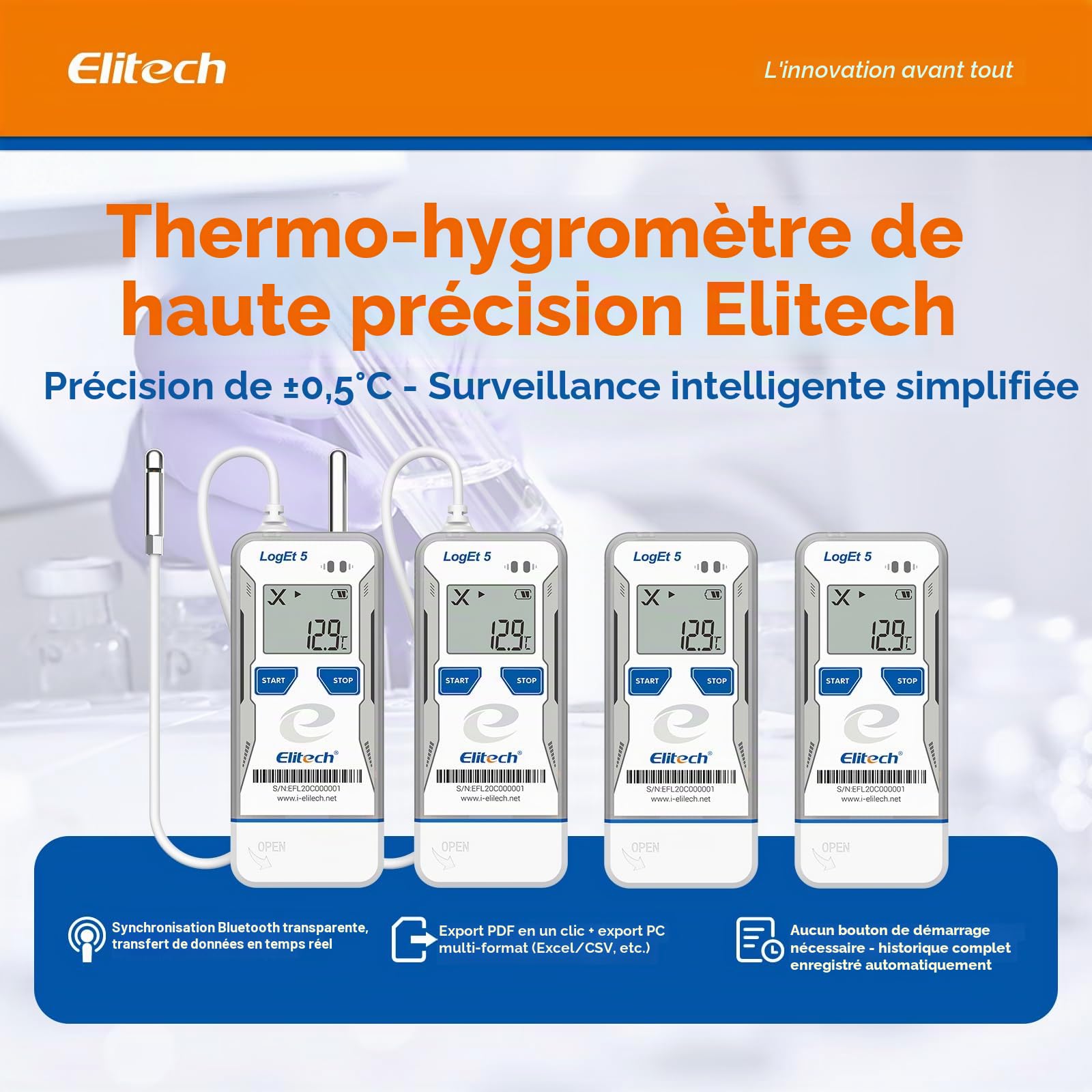 Elitech Enregistreur de Température et d'Humidité USB Bluetooth, Réutilisable avec Données pré-enregistrement, Rapports PDF CSV Automatiques, Thermomètre de Réfrigérateur 32 000 Points LogEt5BTH