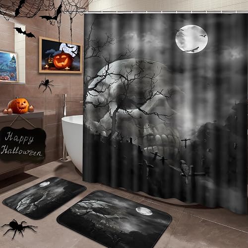 Arttown Bathroom Set, Shower Curtain and Bath Rugs Halloween Skull