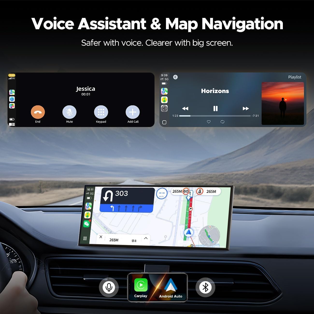 Volam Netflix Carplay Display avec YouTube/Tik Tok 10,25 pouces Carplay Android Lecteur multimédia de voiture avec caméra de recul 1080p Écran tactile 1920 x 720p 2,4 G/5G WLAN Bluetooth pour iOS 7+