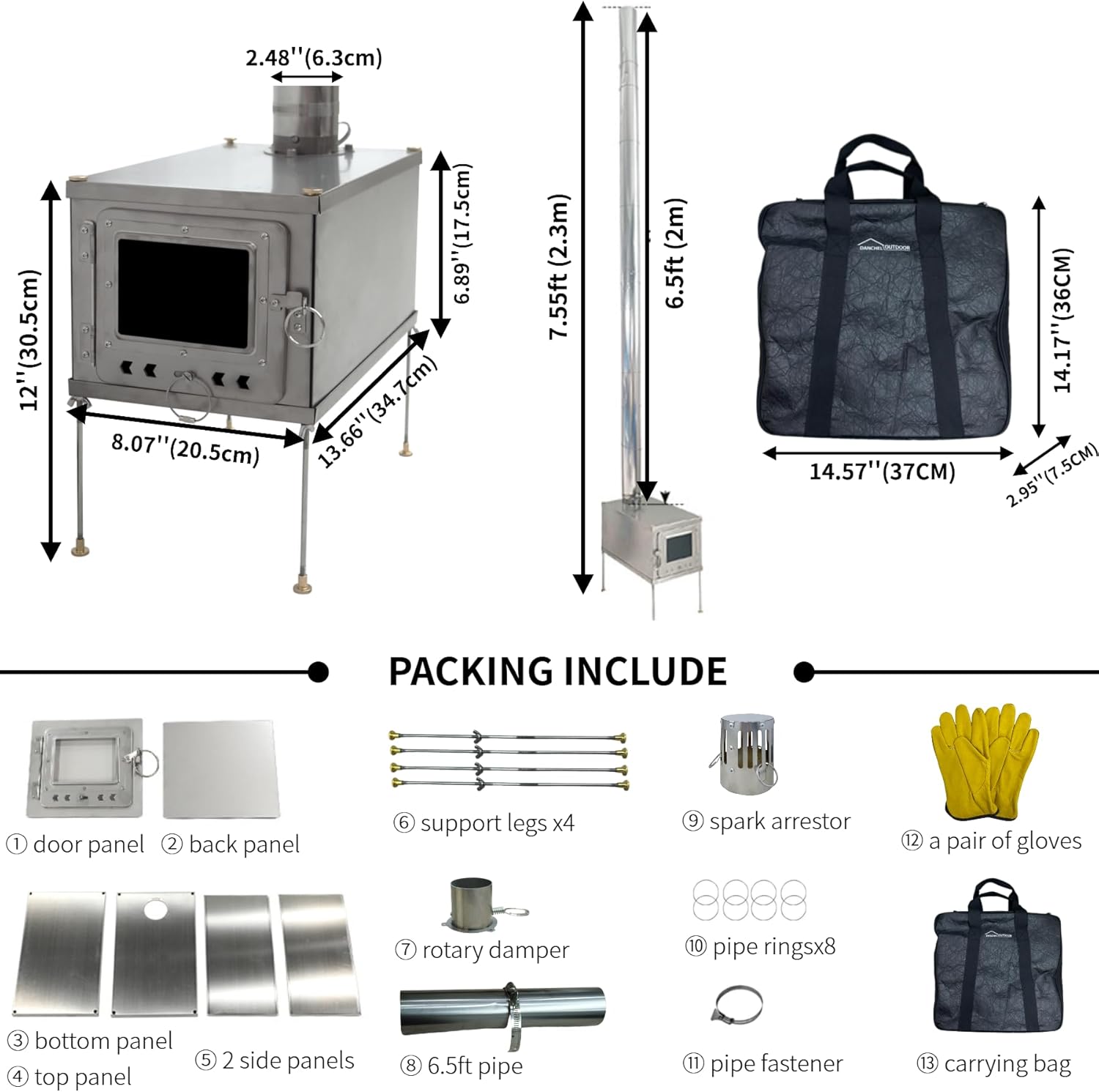DANCHEL OUTDOOR T1 Lightweight Small Titanium Hot Tent Stove with 6.5ft Chimney Pipe, Spark Arrestor, Portable Tent Stove for 1 Person Camping Cooking