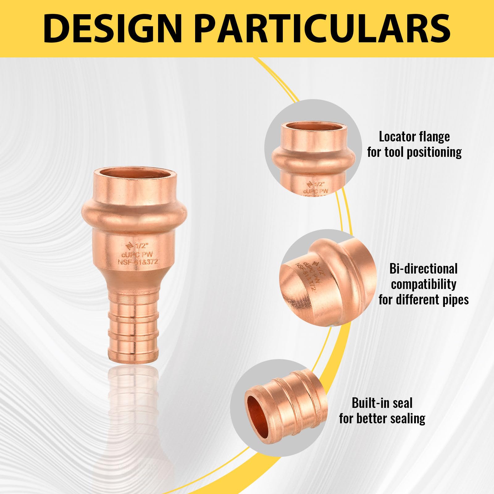 Paquete de 10 Conectores Foskan de 1/2" PEX con engaste x 1/2" de Cobre a presión, Accesorio de tubería de conexión a presión, diseño LBP para tubería de Cobre.