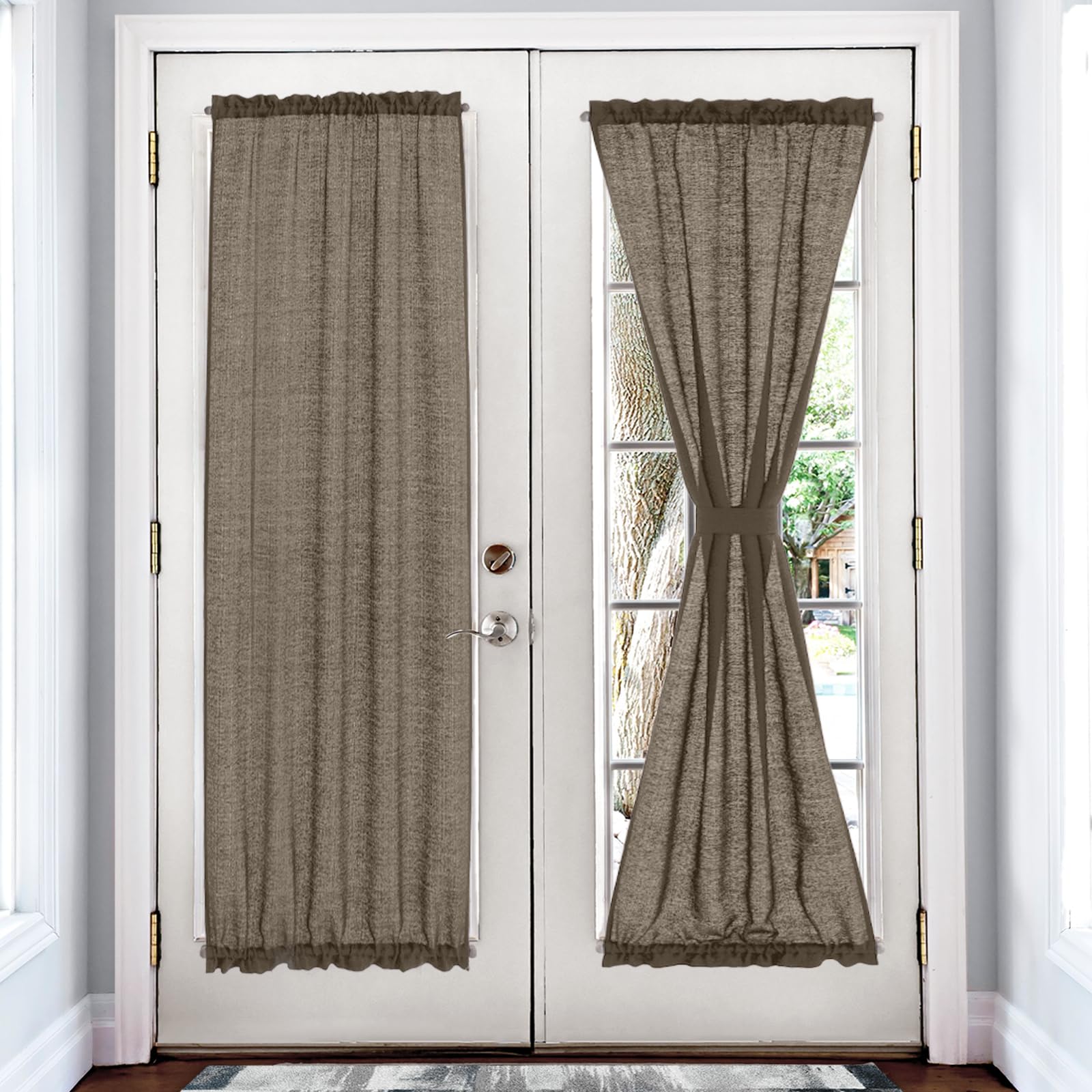 melodieux semi sheer french door curtains 72 inches long, linen look rod pocket privacy drapes for patio sliding glass door window, dark brown, 52 by 72 inch, 2 panels