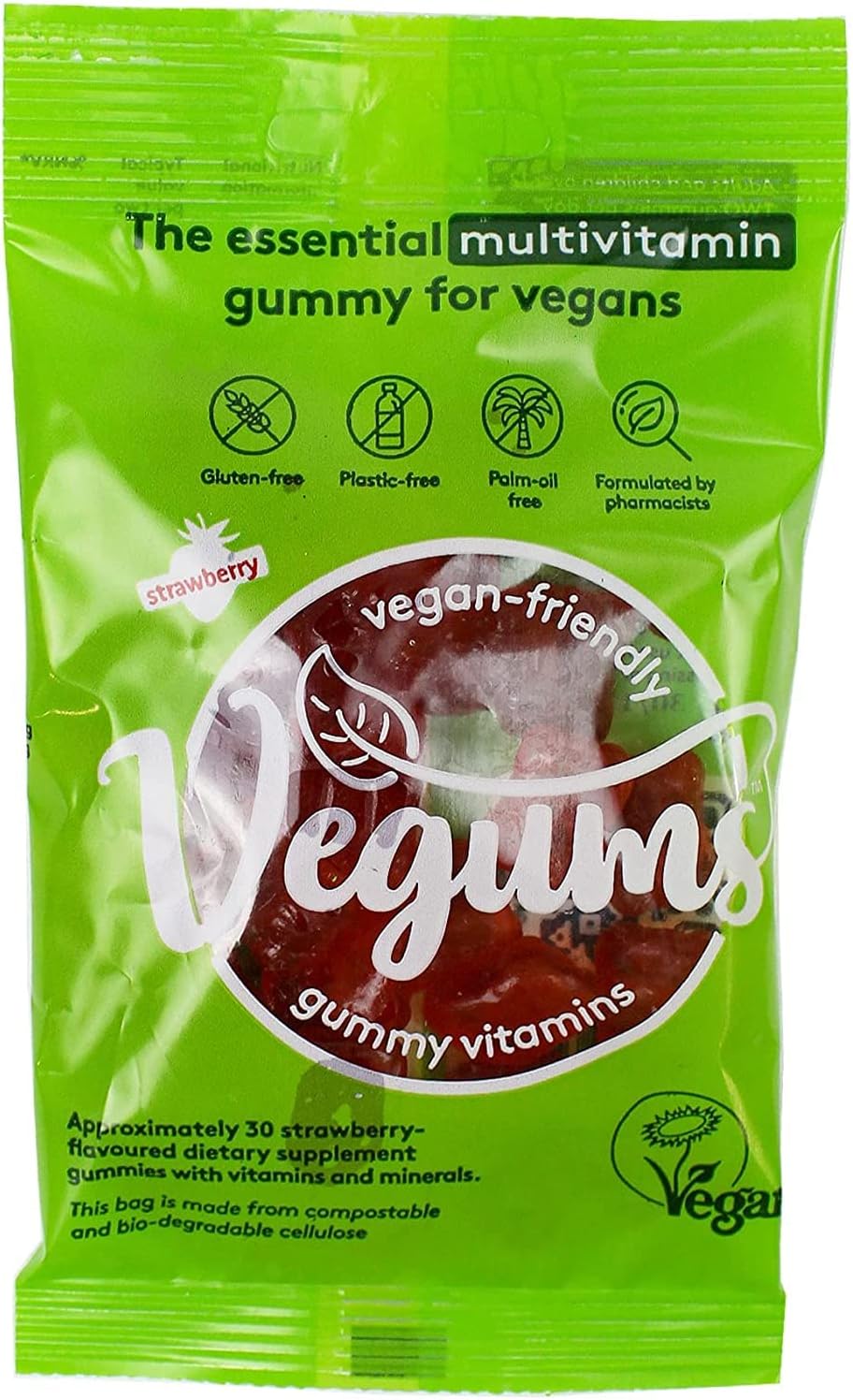 VegumsThe Multivitamin for Vegans | 30 Strawberry-Flavoured Dietary Supplement Multivitamin Gummies for Kids and Adults | Contains Vitamin B12, B6 and More | Suitable for Vegans and Vegetarians