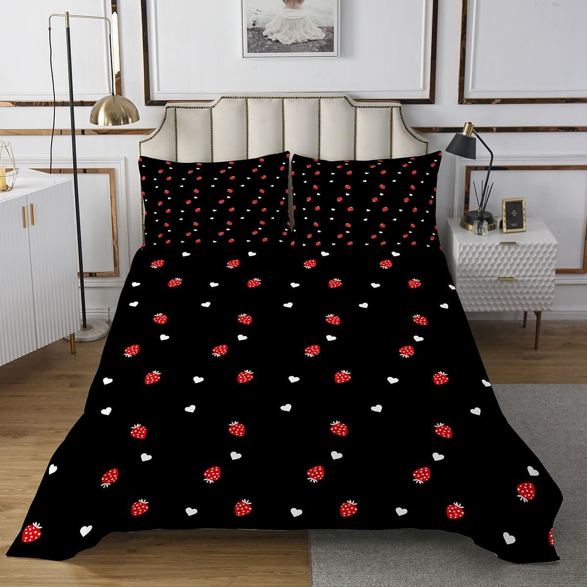 Feelyou Strawberry Kids Bedspread Red Black and White Coverlet King Size Kawaii Strawberry Quilt Set for Boys Girls Teens Bedroom Decor Women Men Cute Sweet Tropical Fruit Quilted 3Pcs