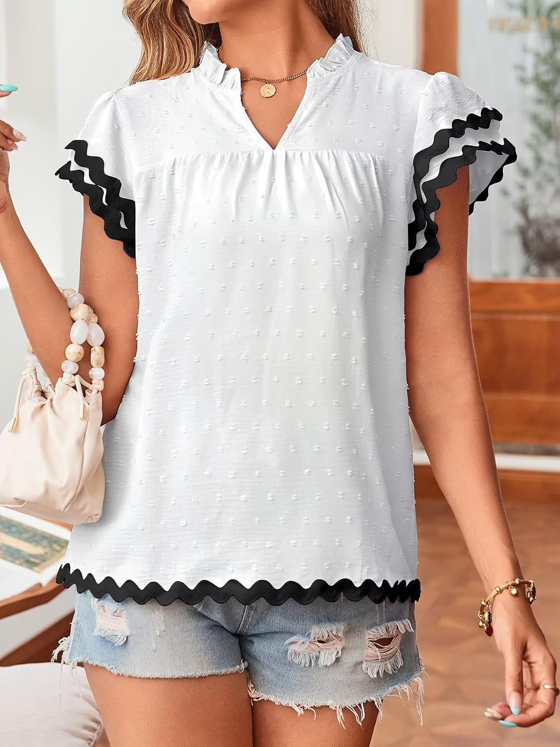 Falechay Womens Tops Summer Short Ruffle Sleeve V Neck Blouses Cute Boho Swiss Dot Lace Shirts Casual Flowy RIC Rac Trims Tee