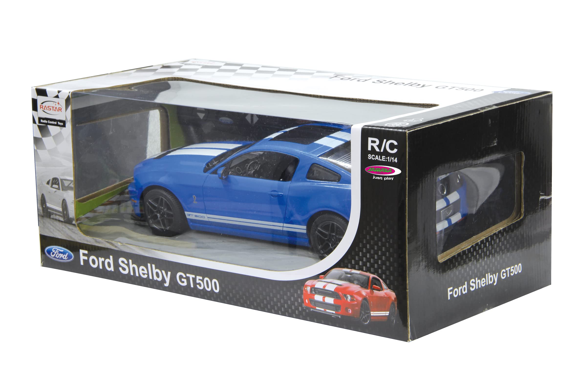 JAMARA 404540 - Shelby GT500 1:14 2,4 GHz - oficjalnie licencjonowany, do 1 godziny jazdy przy 11 km/h, LED, idealnie odtworzone szczegóły, szczegółowe wnętrze, wysokiej jakości wykonanie, niebieski