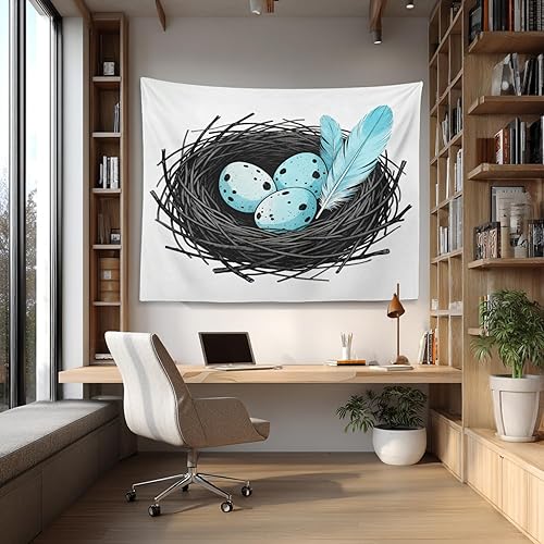 Miniatura 2 de Shrahala Tapiz de pared con diseño de nido de pájaros y animales azules, grises y blancos, lindos huevos de petirrojos, para colgar en la pared,