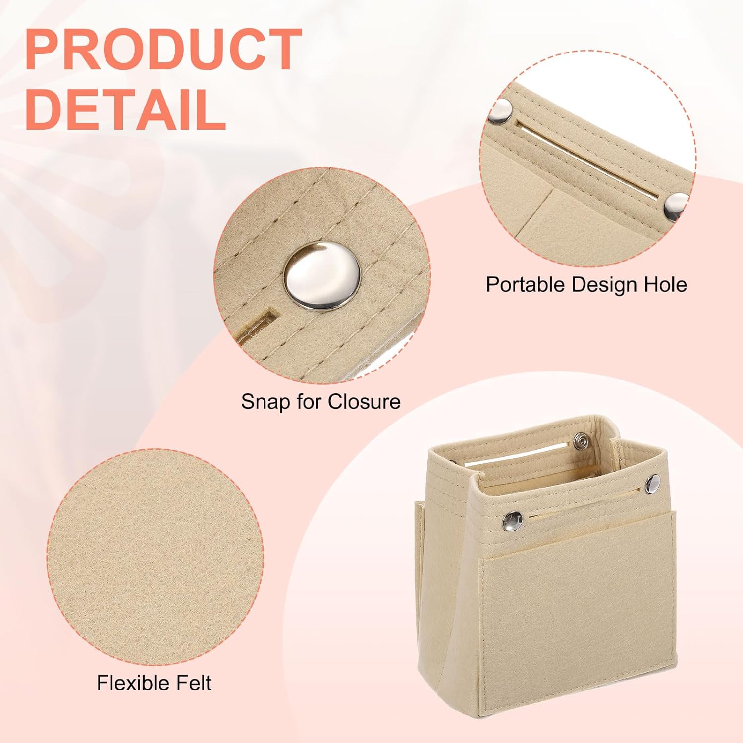 uxcell Purse Organizer Insert, Portable Felt Organizer Bags with Snap Multiple Compartments Purse Liner for Domed Satchel, Tote Bag, Handbag Shaper (7" x 4" x 6.3", Beige) - Image 3