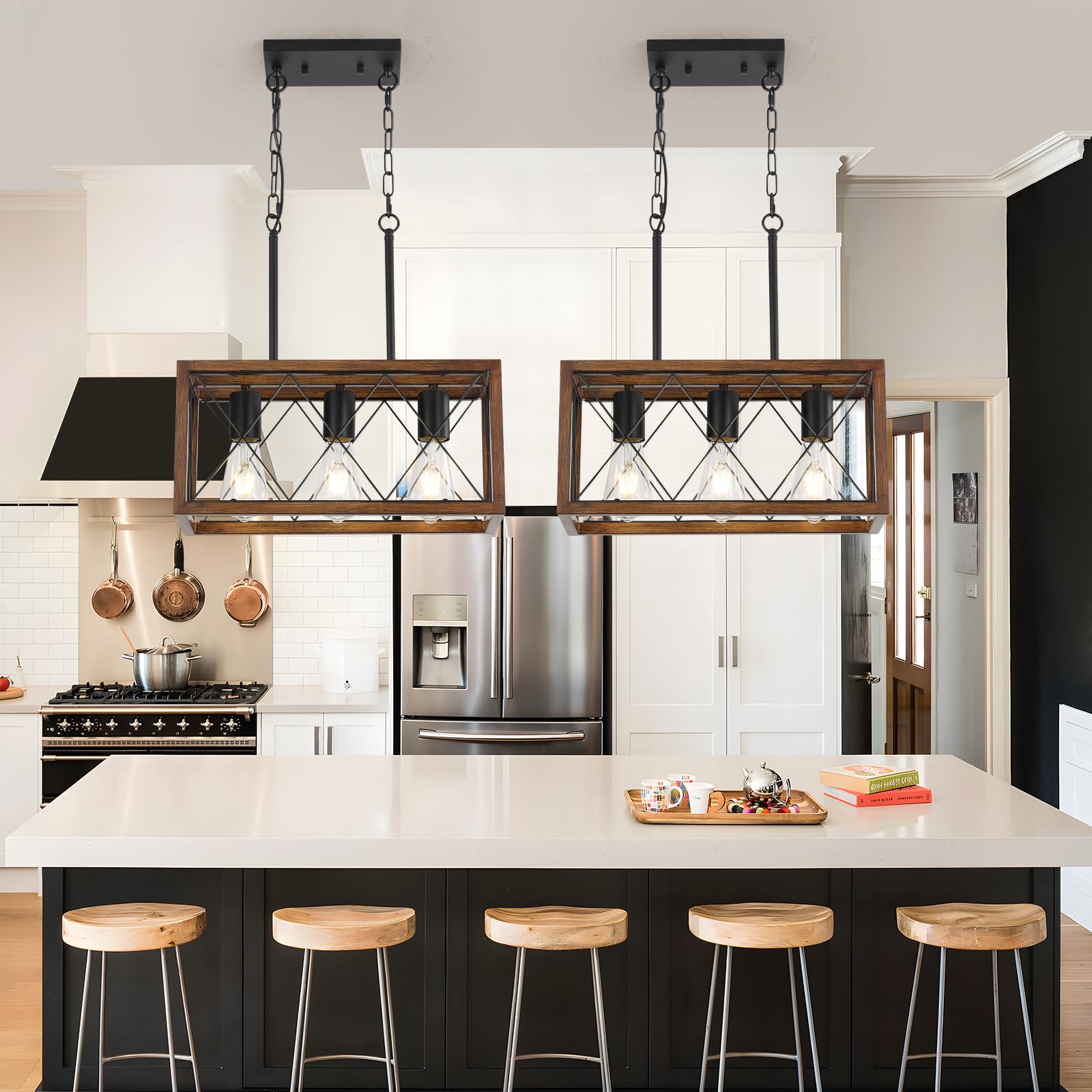 SEEBLEN Farmhouse Pendant Light Fixturesï¼Œ3 Light Dining Room Light Fixture with Wooden Grain Finish,39 Inch Height Adjustable Kitchen Island Light for Dining Room Kitchen Bar Sink.