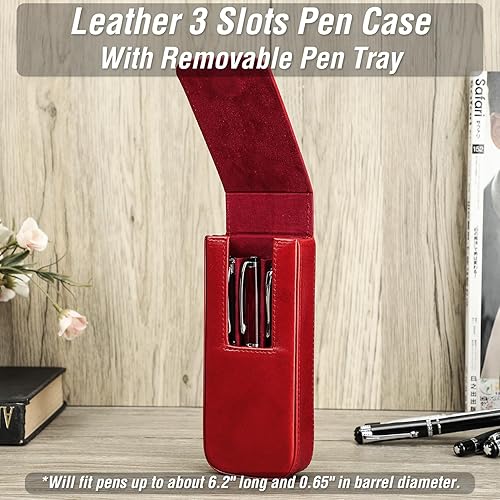 Miniatura 3 de Top Grain - Funda de piel auténtica para 3 bolígrafos y lápices, diseño sólido de moda, sin logotipo, hecho a mano, cierre magnético con diseño de