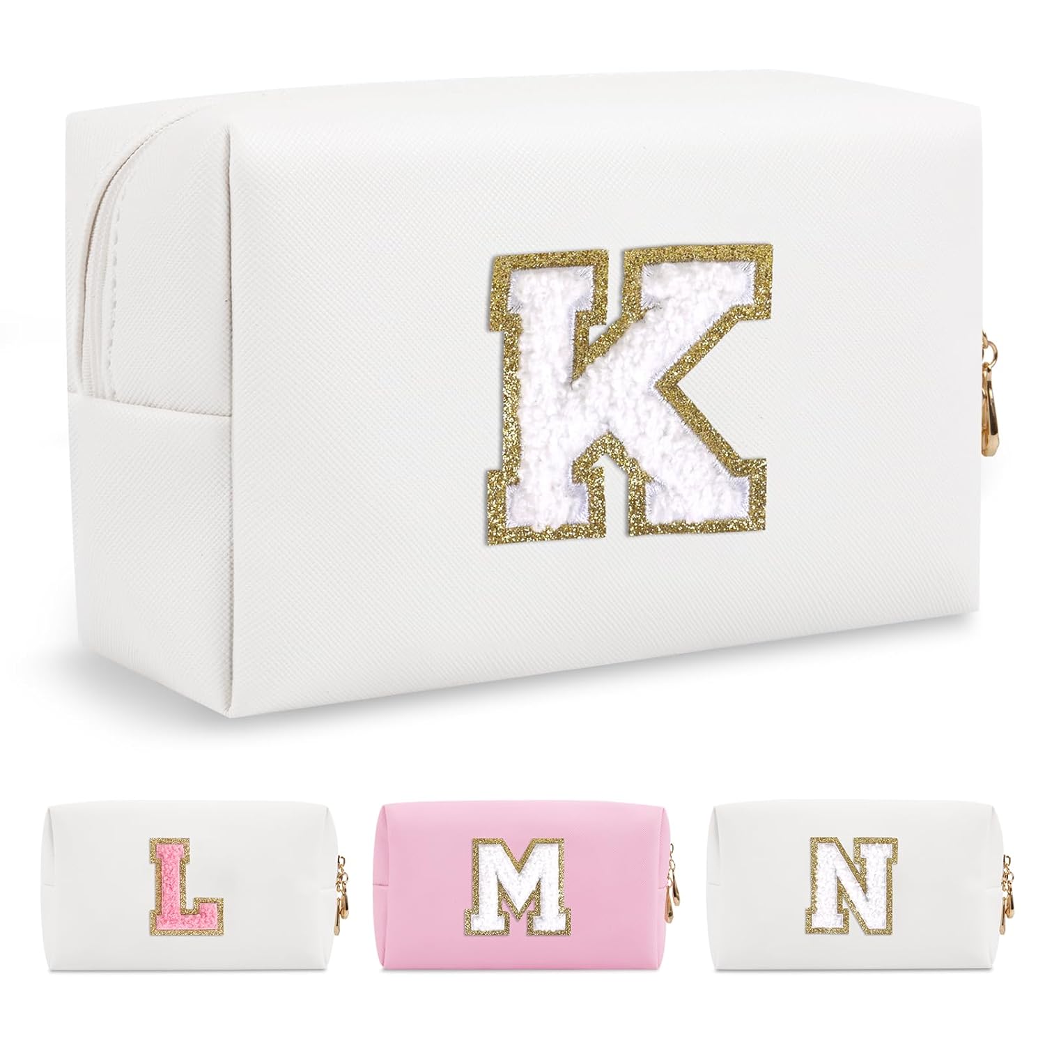 Small Personalized Initial A-Z Preppy Patch Makeup Bag,White PU Chenille Letter Travel Cosmetic Pouch with Zipper,Cute Toiletry Bag,Gift Ideal for Teen Girls Women Teacher Bridesmaid,Letter K