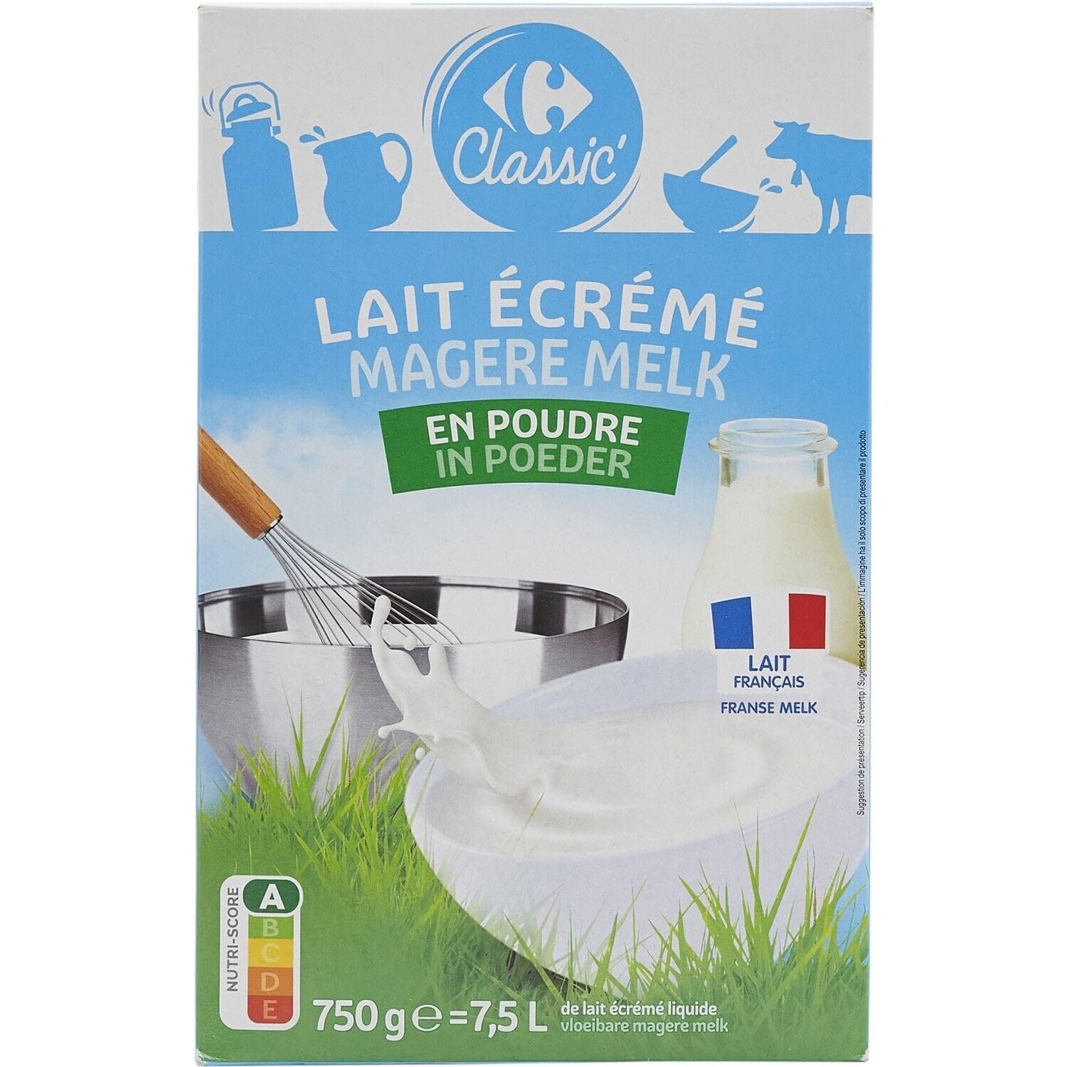 Pratique pour 7,5 L de lait écrémé prêt à l'emploi — CARREFOUR CLASSIC' lait écrémé en poudre, origine France, la boite de 750g - Lot de 3