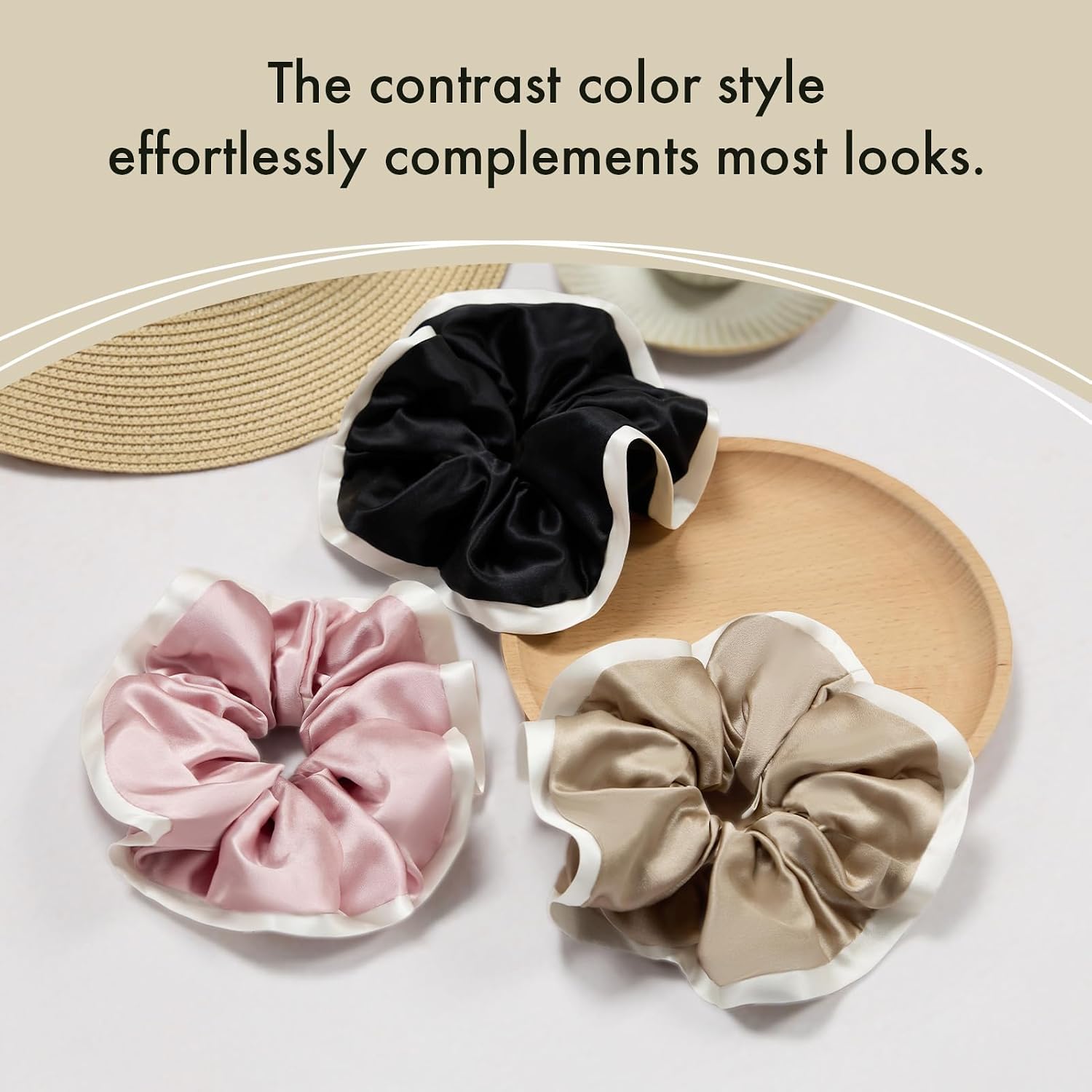 LILYSILK Women Large 100% Silk Hair Scrunchies Ruffle Contrast Edge Colorblock Frill Ponytail Holder Elastic Hair Band Tie for Hair Loss Frizz Prevention Taupe