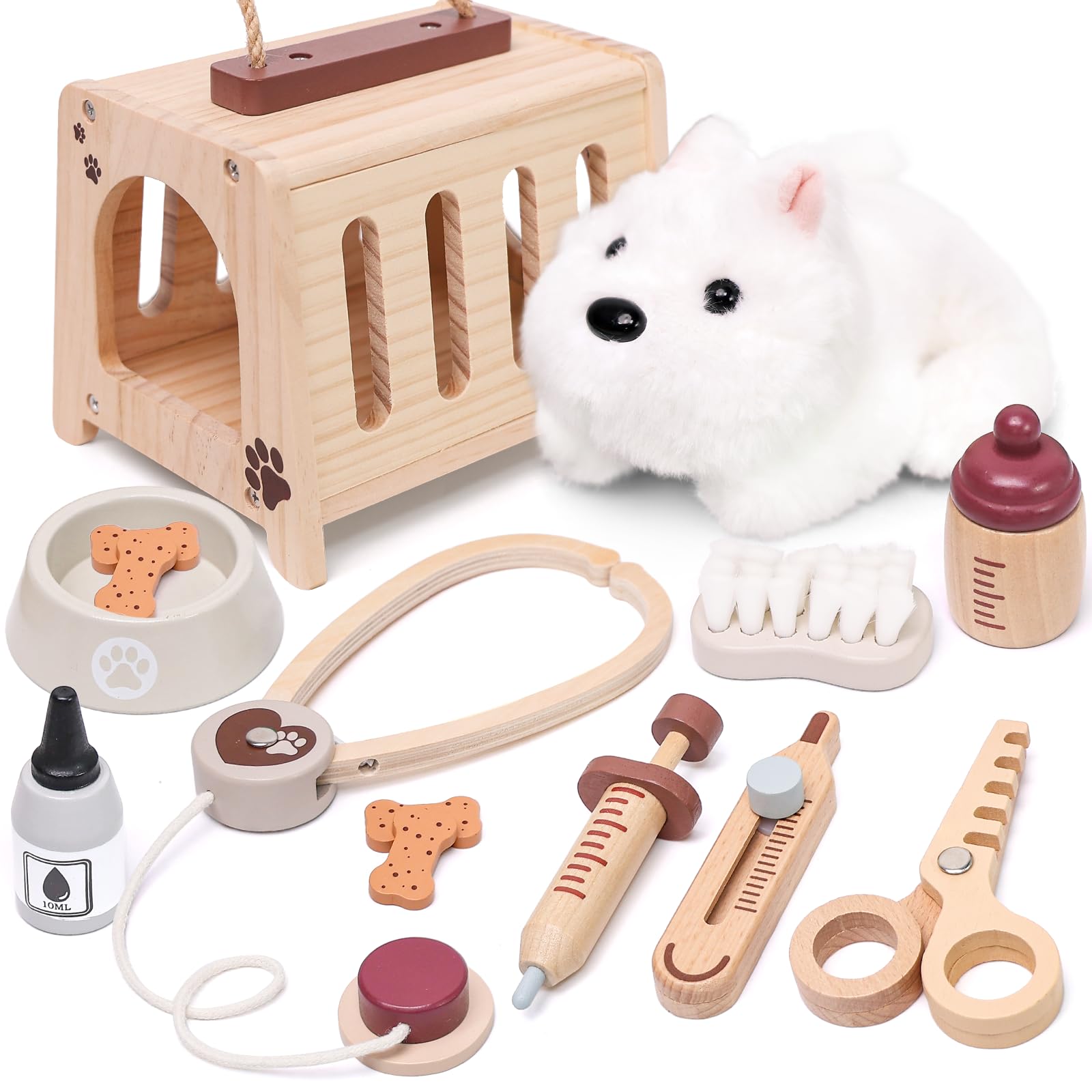 Masonbaby Doctors Set for Kids, Pretend Play Toy Toddler Pet Vet Set with Wooden Pet Cage, Role Play Educational Children Toys Animal Care Kit for Kids 3 4 5 6 Year Old Girls Boys