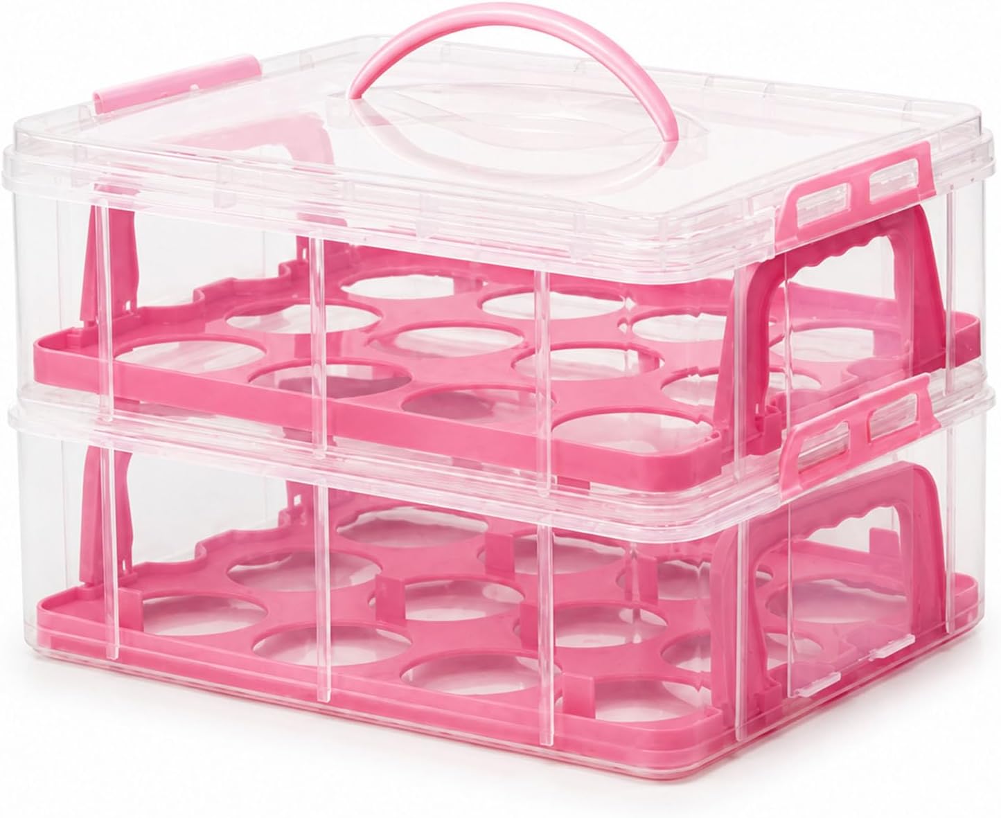 Cupcake Carrier Stackable Storage Container Collapsible Cake Carrier with Lid and Handle, with 50 PCS Cupcake liners,Reusable Plastic Dessert Travel Container,Transport Box (24 Cupcakes Pink)