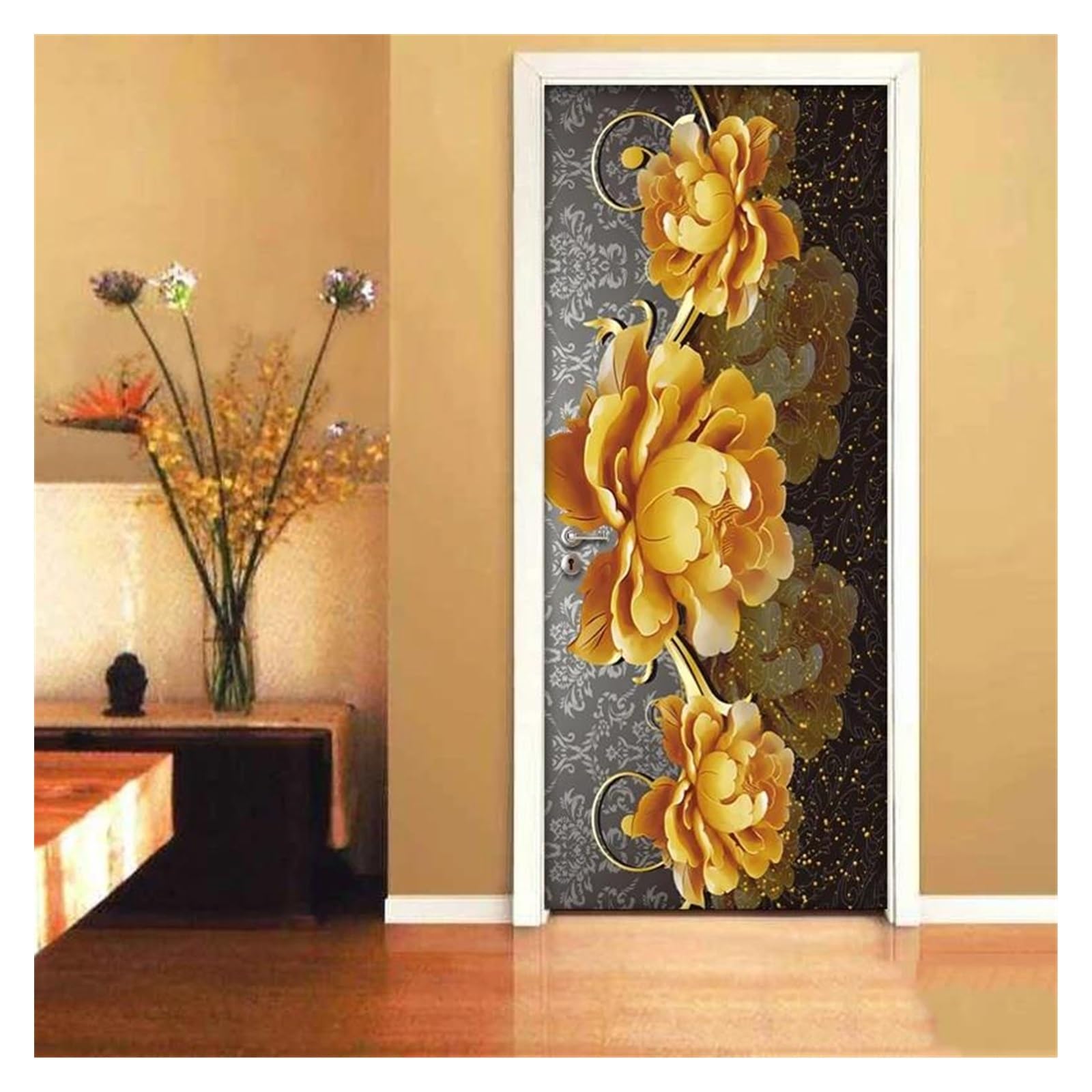 Fleurs dorées 3D sticker mural autocollant porte salon cuisine papier peint PVC 77x200cm