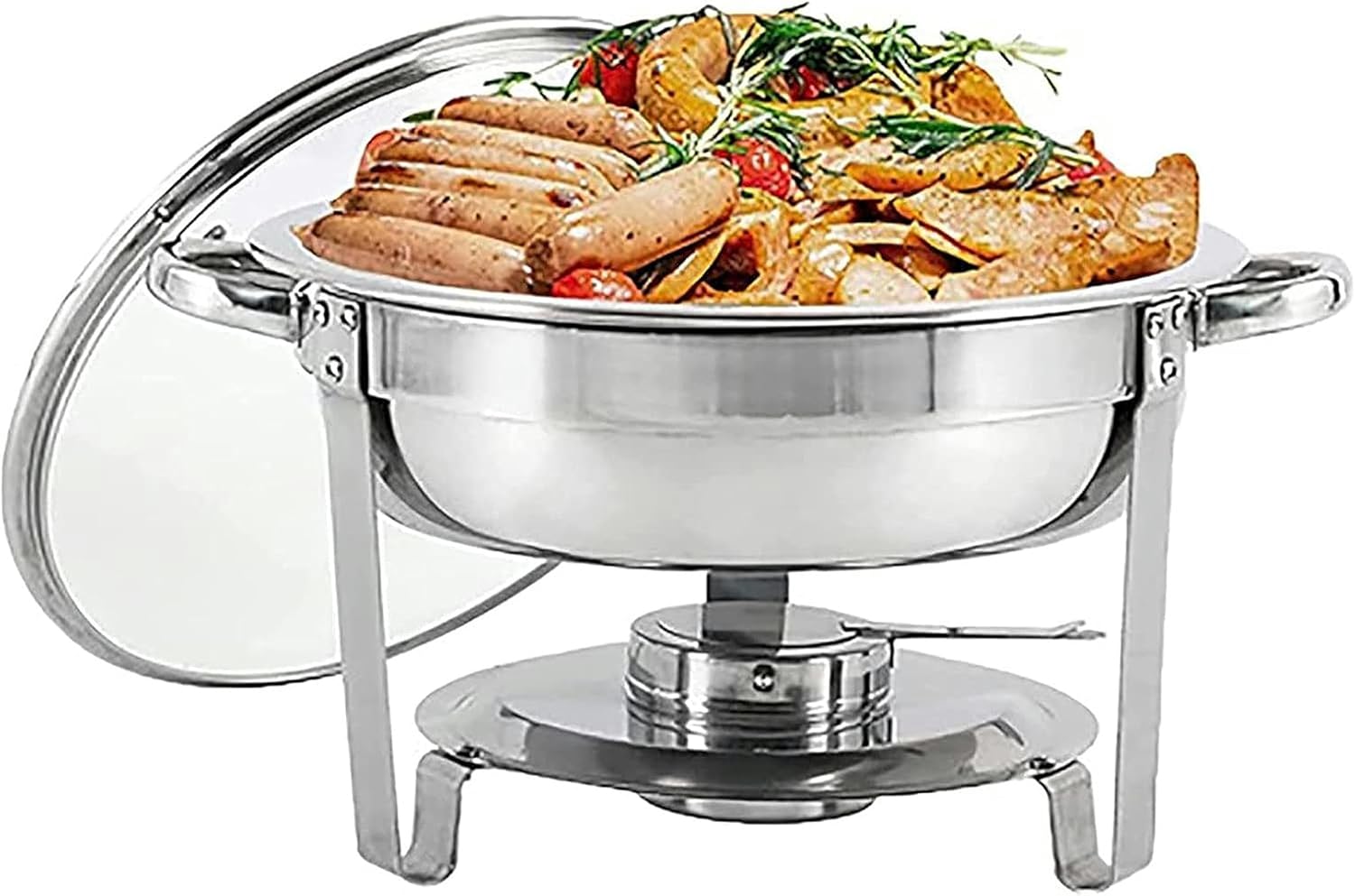 Food Warmer Set, Stainless Steel Round Buffet Hot Pot, 3.5L/5L Large Capacity, Clear Glass Lid, Ideal for Parties and Weddings