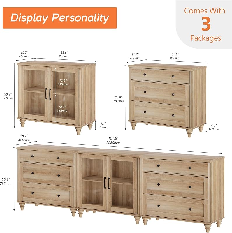 WAMPAT TV Stand for 100 Inch TV, Wood TV Console Table for 75/80/85/90 Inch TV, Entertainment Center with Glass Door & Drawer, Kitchen Sideboard Buffet Cabinet for Dining Room, Oak image 4