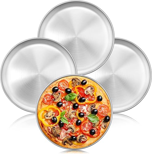 LIANYU Juego de 4 sartenes para pizza, bandeja de acero inoxidable de 11.8 pulgadas para hornear al horno, plato redondo antiadherente para pizza,