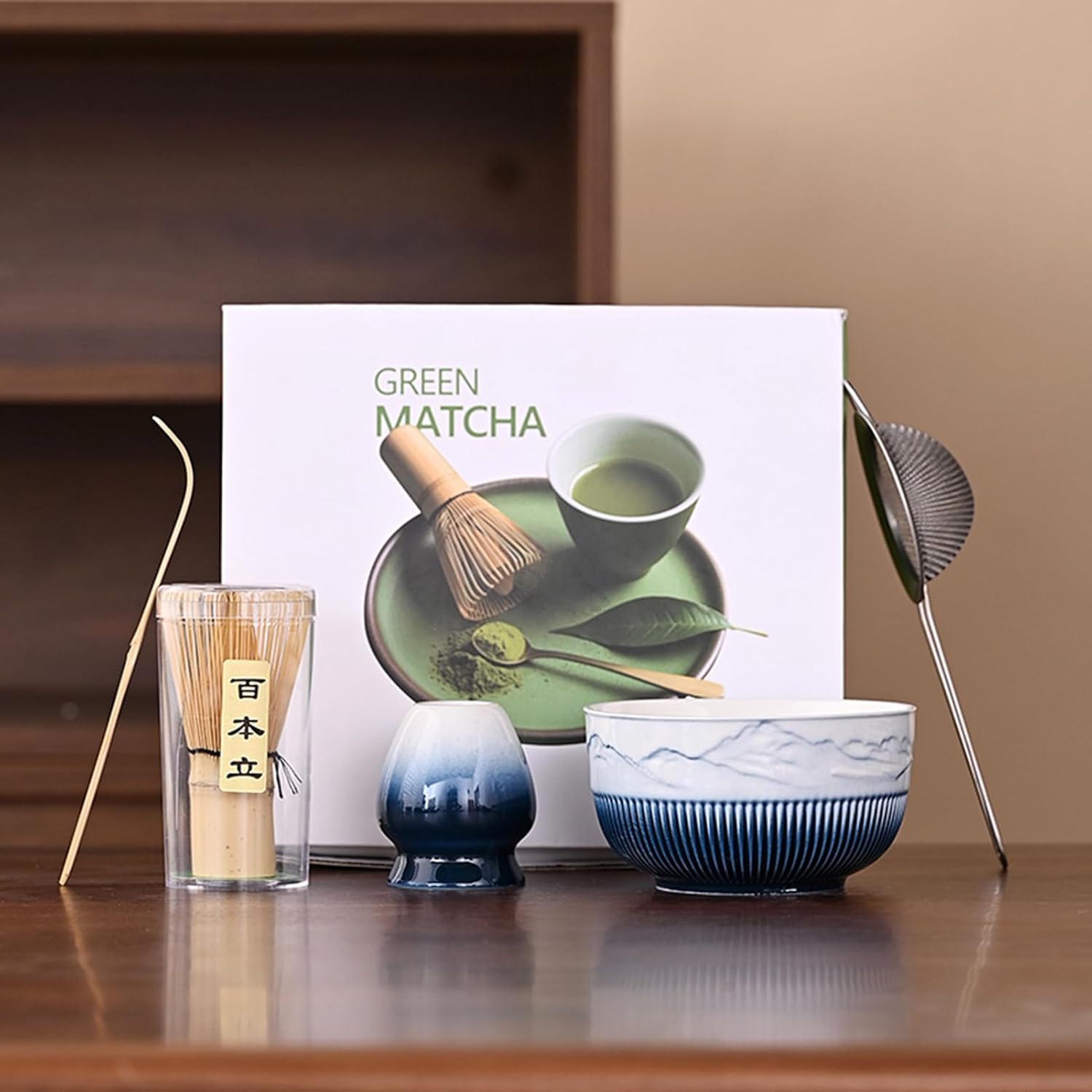 Matcha Tea Ceremony Set, 4-Piece Traditional Japanese Kit with Bamboo Whisk, Ceramic Bowl with Spout, Whisk Holder, Scoop (Gradient Red)
