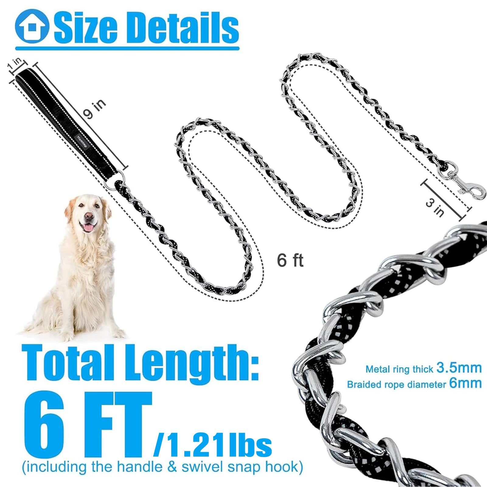 Homimp Chain Dog Leash for Medium Large Dogs Reflective 6 FT Chew Proof Heavy Duty Metal Leashes with Soft Padded Handle - Image 2