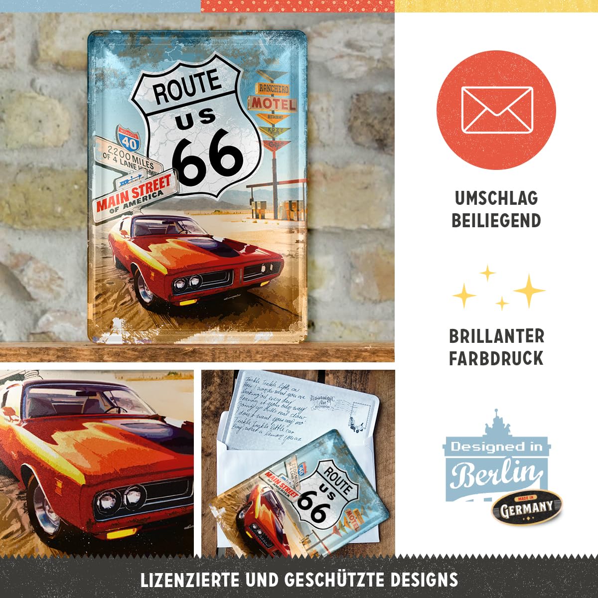 Nostalgic-Art Route 66 Red Car blaszana kartka pocztowa w stylu retro, pomysł na prezent dla fanów Route 66, blaszana kartka pocztowa, mini blaszana tabliczka w stylu vintage, 10 x 14 cm