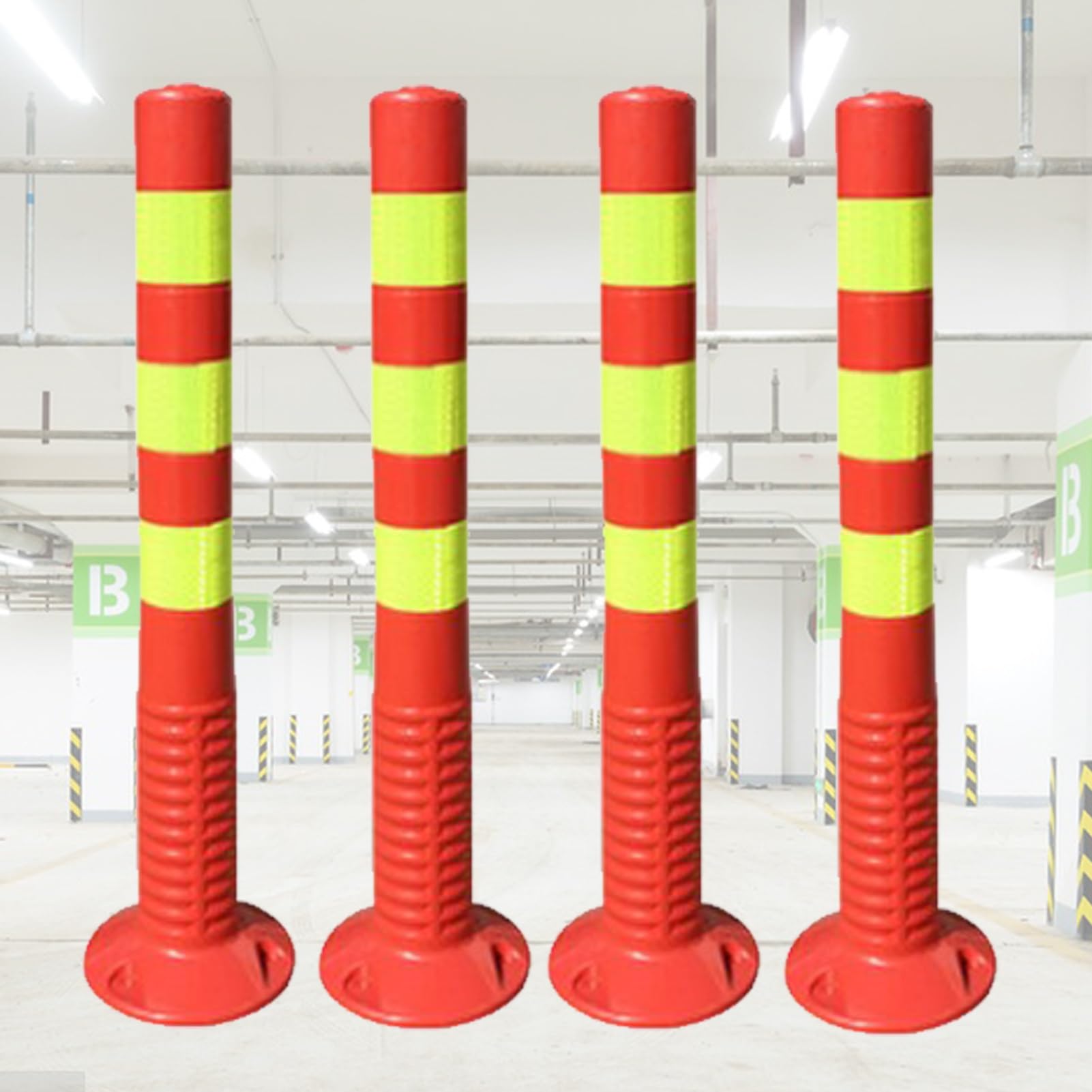 Parking Barrier, Plastic Safety Bollard Post 4 Pack, Flexible Parking Space Blocker, Driveway Road Garage Lot Warning Barrier Cones, 76Cm / 30In Height H H,Yellow An,Red and Yellow-76cm (30in) H