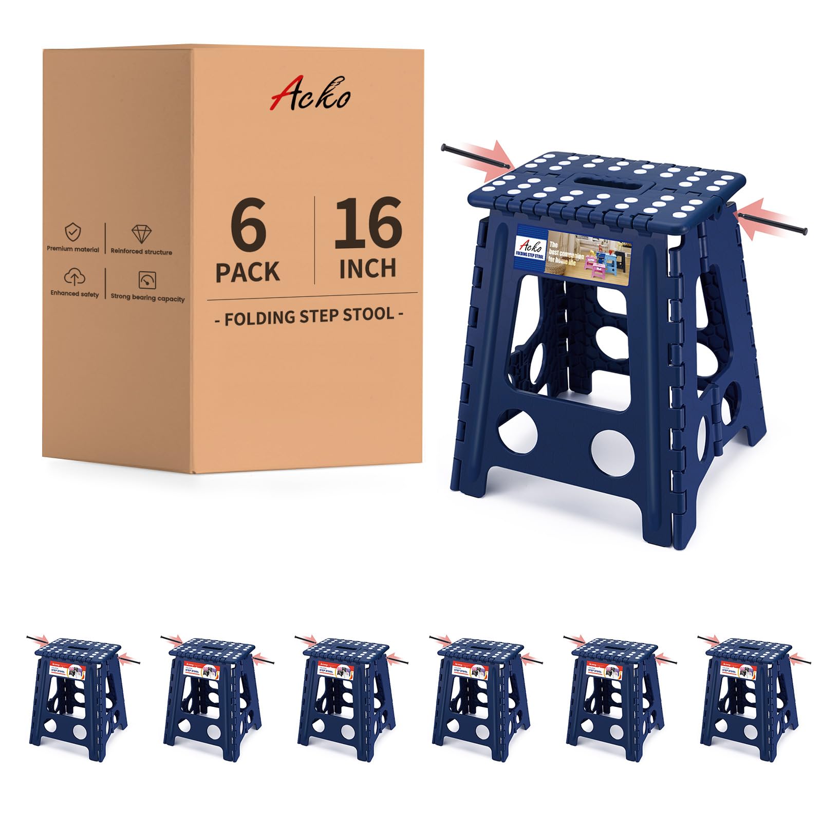ACKO 16" 6 Pack Folding Step Stool, Safety Lock, Holds 400 lbs, Royal Blue