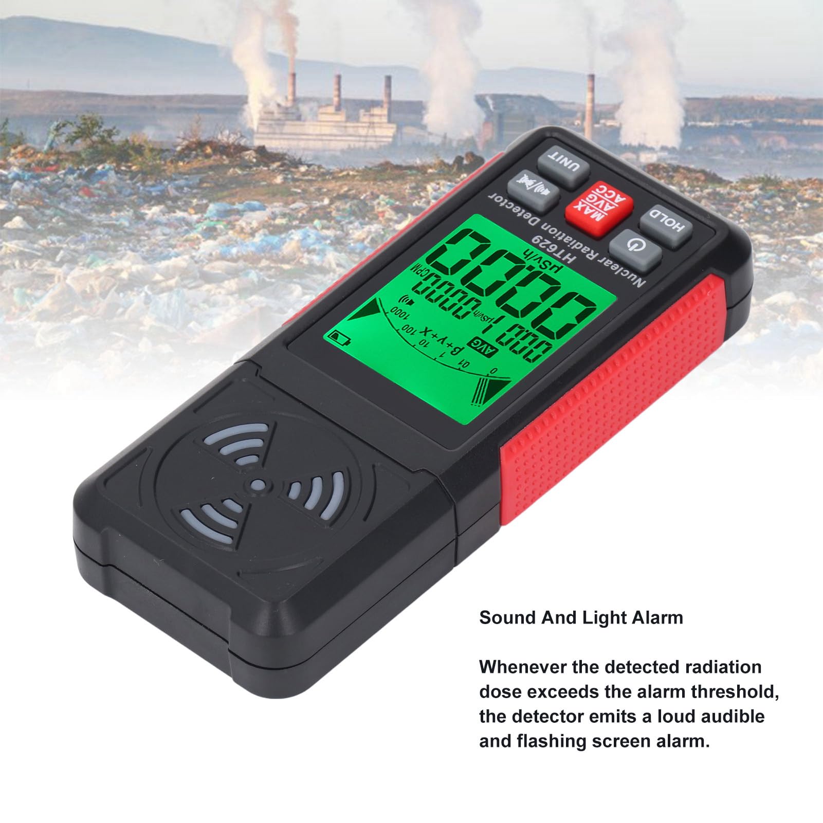 HT629 Detector de Radiación Nuclear Portátil Monitor Medidor Alta Sensibilidad 0.00μSv/h‑50000μSv/h Alarma de Luz Sonora Bajo Consumo de Energía para Inspecciones de Oficinas en