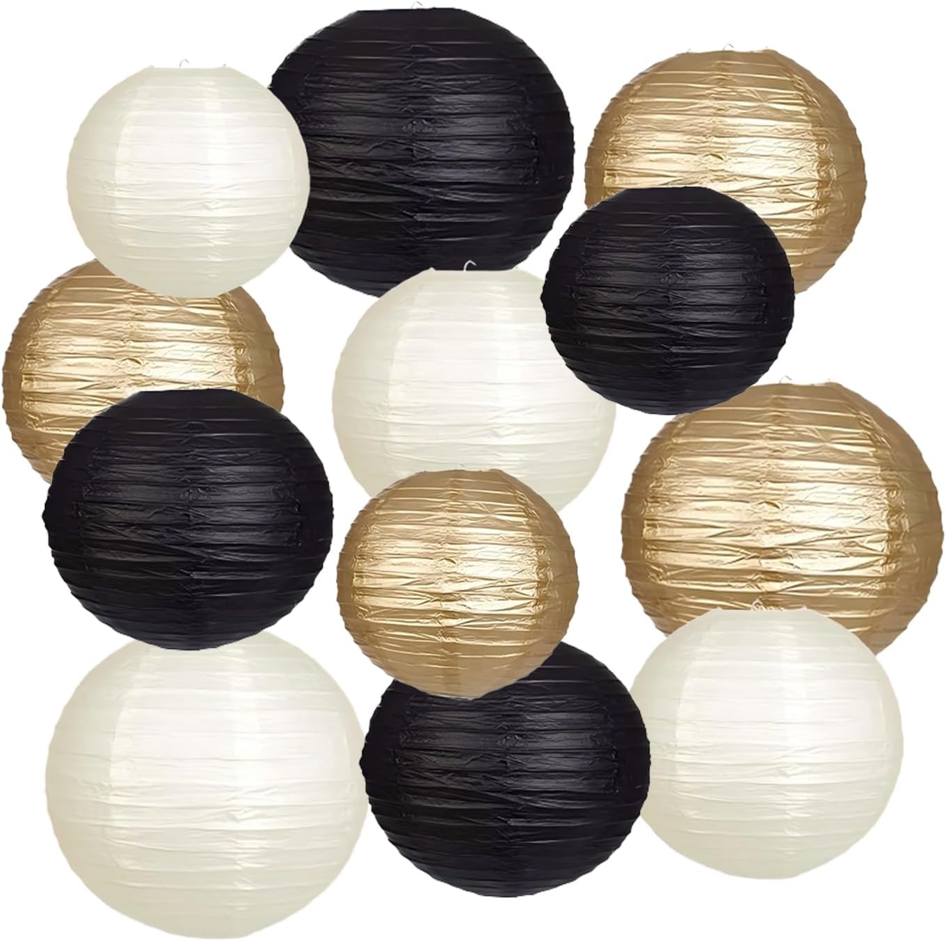 Pack of 12 Paper Lanterns Black Gold Round Paper Lantern Decoration for Communion, Christening, Wedding, Birthday Party Decoration