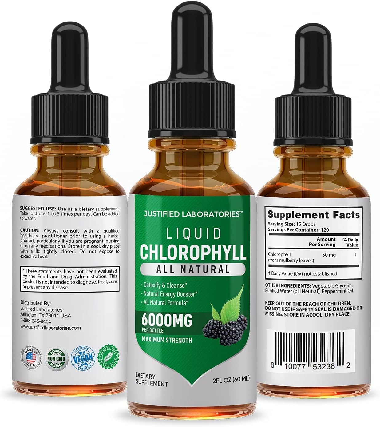 Justified Laboratories Liquid Chlorophyll Drops 6000MG Maximum Strength Green Concentrate Packed with Antioxidants Minerals and Vitamins 2 FL OZ Bottle (1 Bottle)