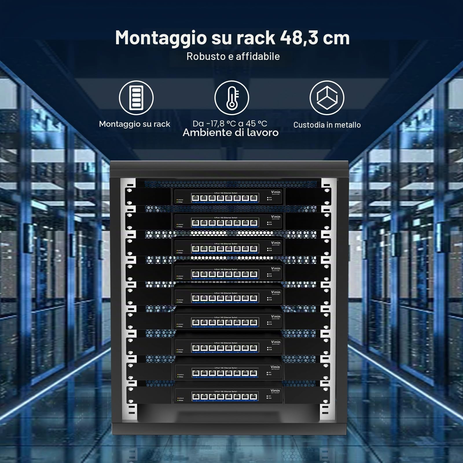 VIMIN Switch Ethernet Non Gestito 10G a 8 Porte, Switch di Rete 10Gbe Che Supporta la Negoziazione Automatica della velocità 100M/1000M/2,5G/5G/10G, per Rete Nas 10G, Plug & Play, capacità 160 Gbps