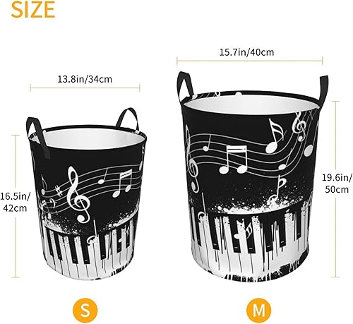 Miniatura 5 de Cesta de lavandería plegable redonda independiente compatible con teclas de piano blanco y negro con notas musicales, cesta de lavandería