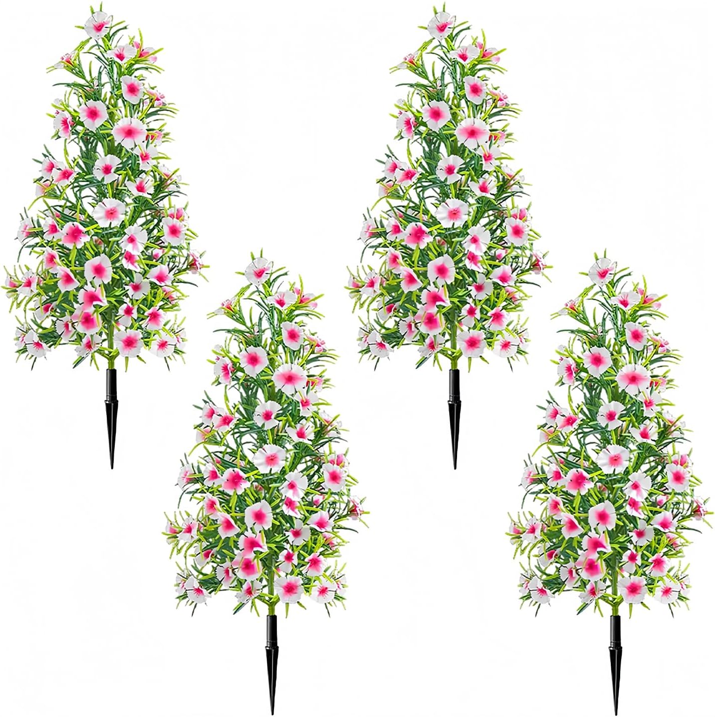 4 Pack Artificial Topiary Trees with Flowers for Outdoor, 19" Artificial Fake Shrubs Bushes with Ground Spike, UV Resistant Artificial Plants for Home Garden Yard Porch Patio Decor (Rose Red)