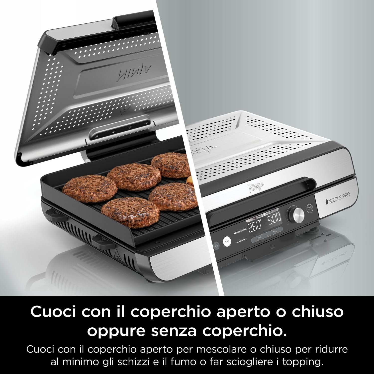 Ninja Sizzle Pro XL Griglia e piastra liscia da interni, rivestimento antiaderente in ceramica, coperchio rimovibile, vassoio raccogli-grasso, ricettario, argento/nero GX101EU