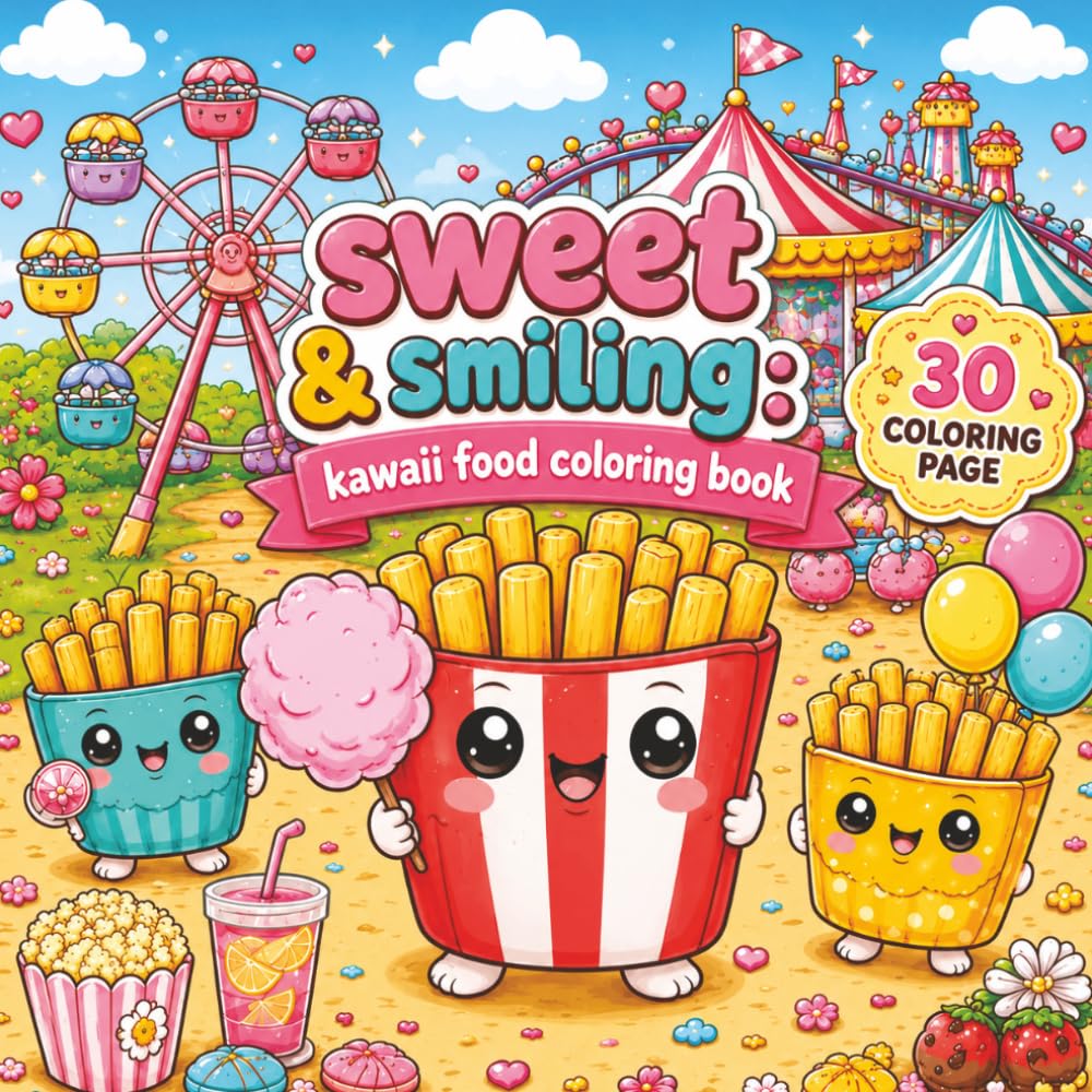 Sweet & Smiling: Kawaii Food Coloring Book: 30 cute and comfy coloring pages kids, teens, and adult