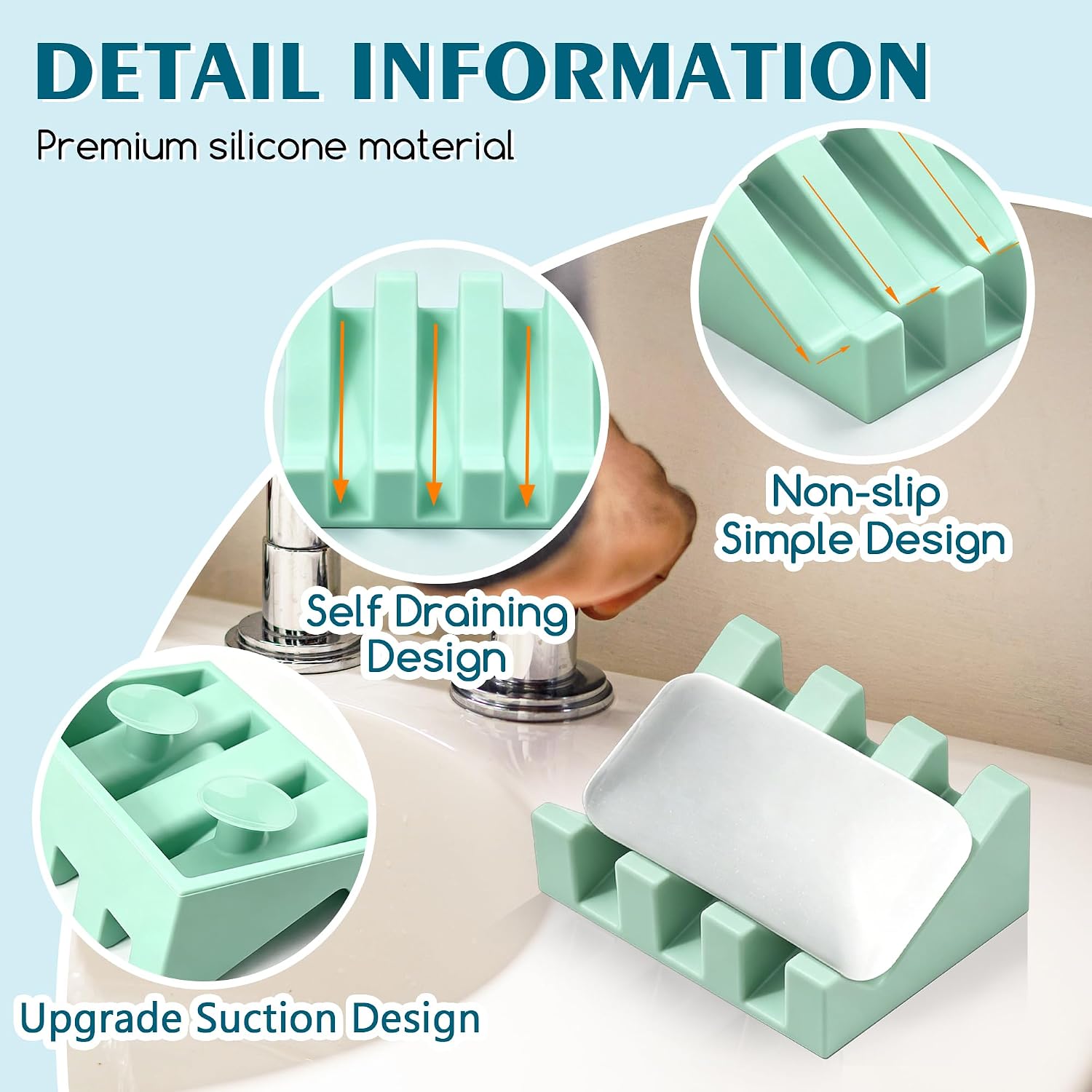 Silicone Soap Dish Self Draining with Suction Cups (Fresh Green,1 Pack) image 3