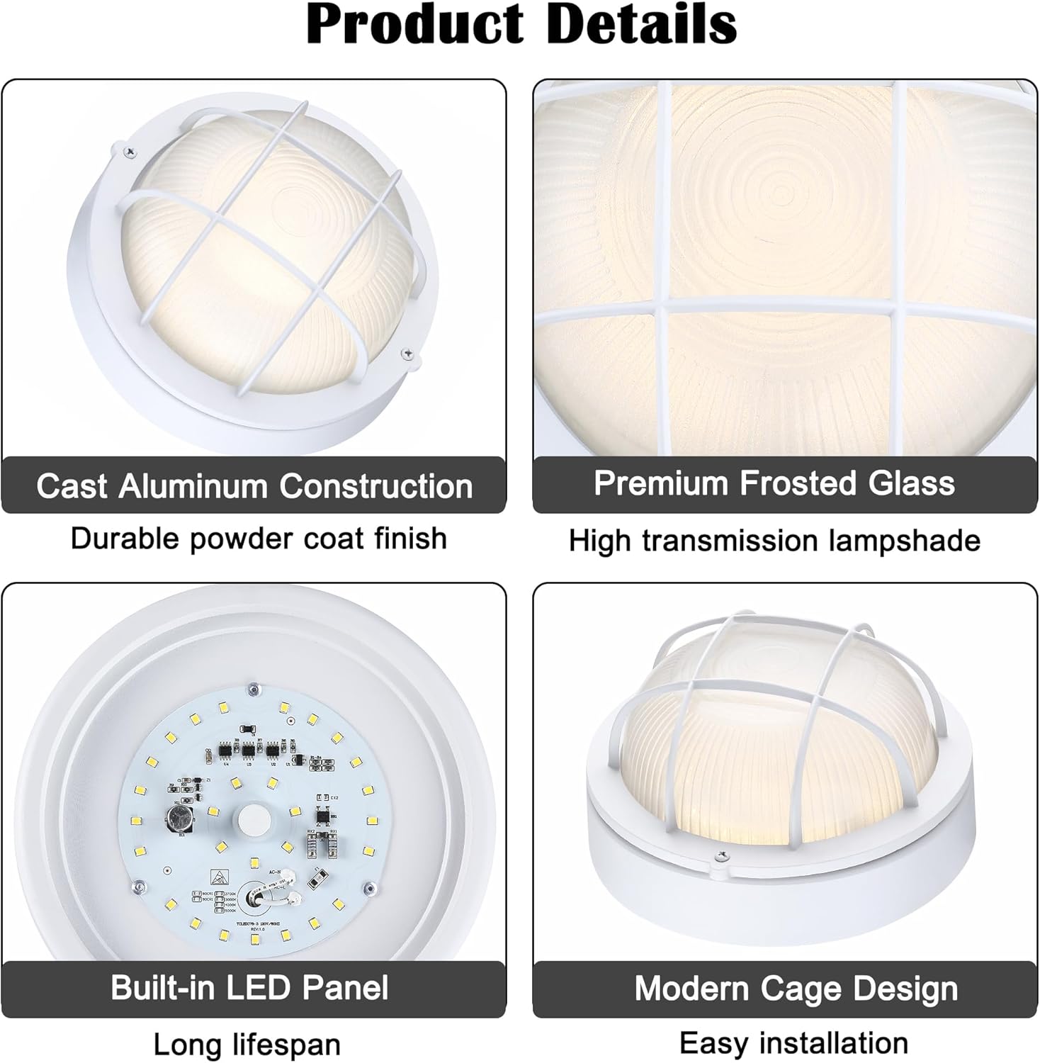 Round Bulkhead Light Fixture, Dimmable Outdoor Wall Lantern, LED Nautical and Sauna Light, 15W 1500 Lumens 3000K, White Aluminum Housing with Frosted Glass, 1-Pack