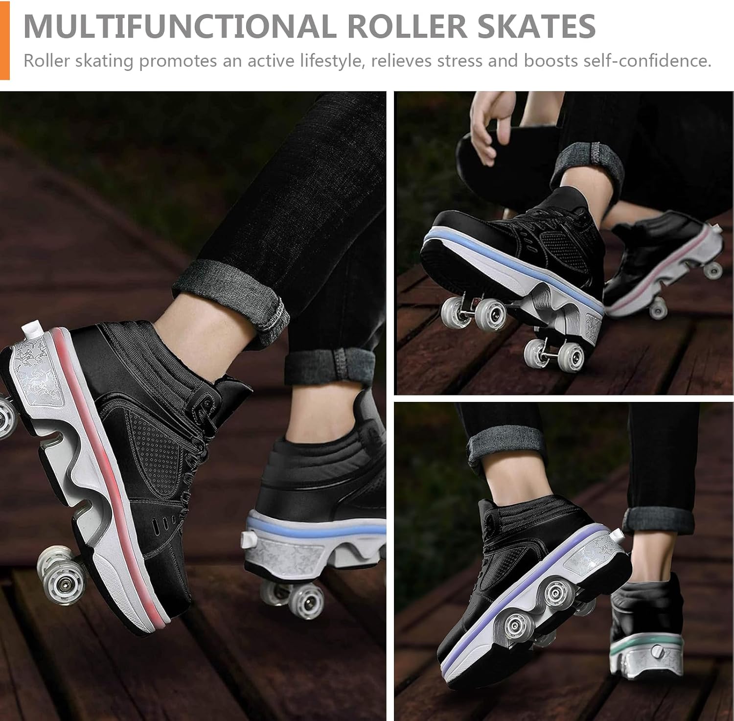 2-in-1 Roller Skate Shoes for Women Men, Double-Row Deform Retractable Removable Roller Skates, Shoes with Wheels for Girls/Boys, Sneakers with Wheels for Outdoor