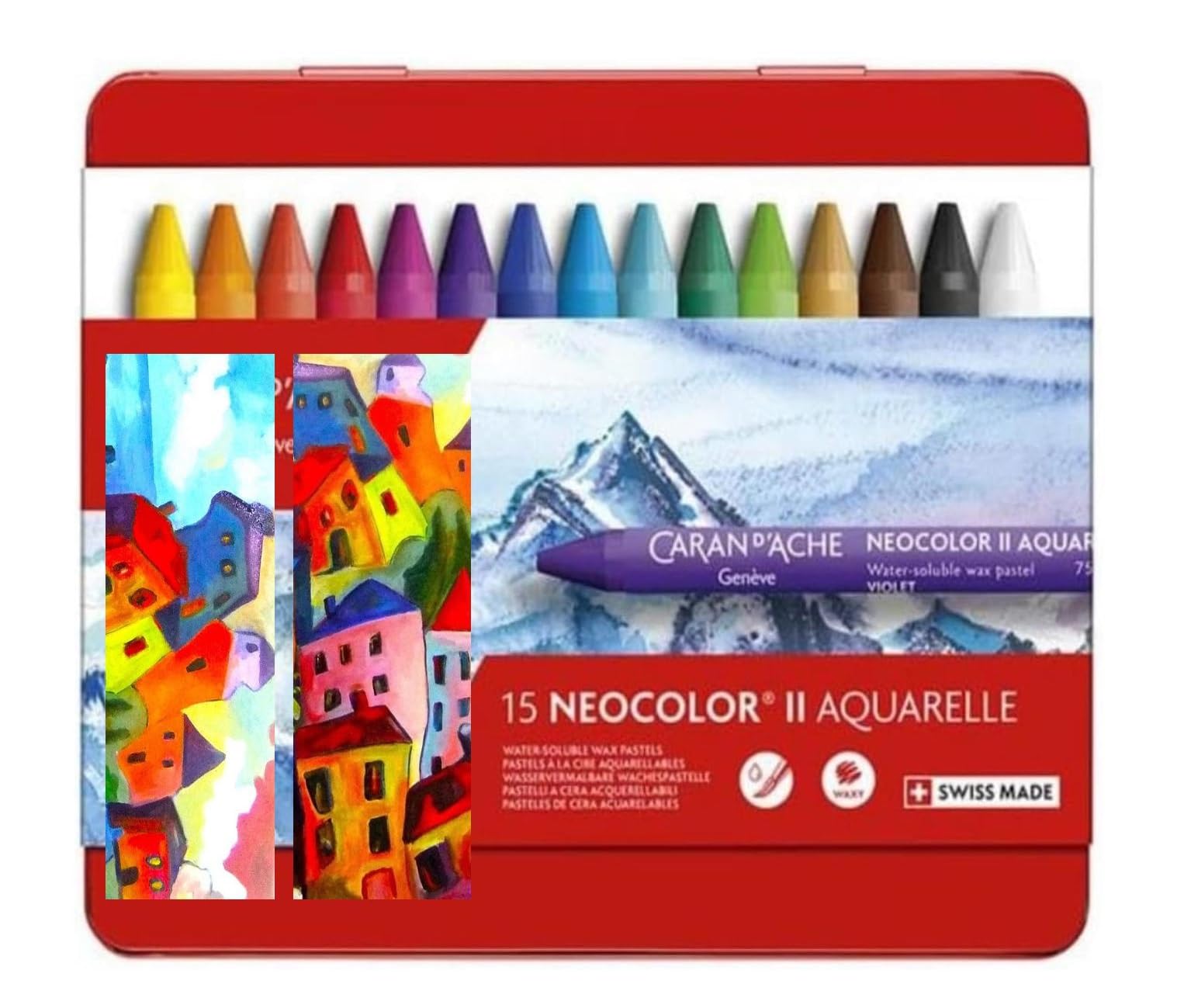 Caran d'Ache Neocolor II, Pasteles de cera acuarelables, Lápices de cera Aquarellables - Lote de 15 y 2 tarjetas